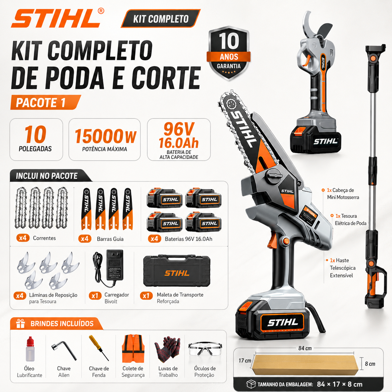 STIHL 15,000 W brushless portable chainsaw kit with extension shaft and telescopic pruning shears.