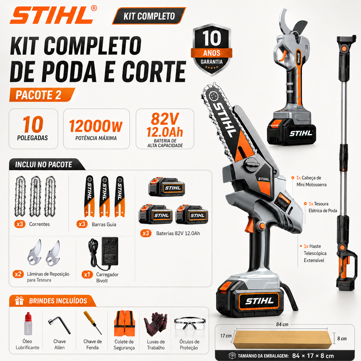 STIHL 15,000 W brushless portable chainsaw kit with extension shaft and telescopic pruning shears.