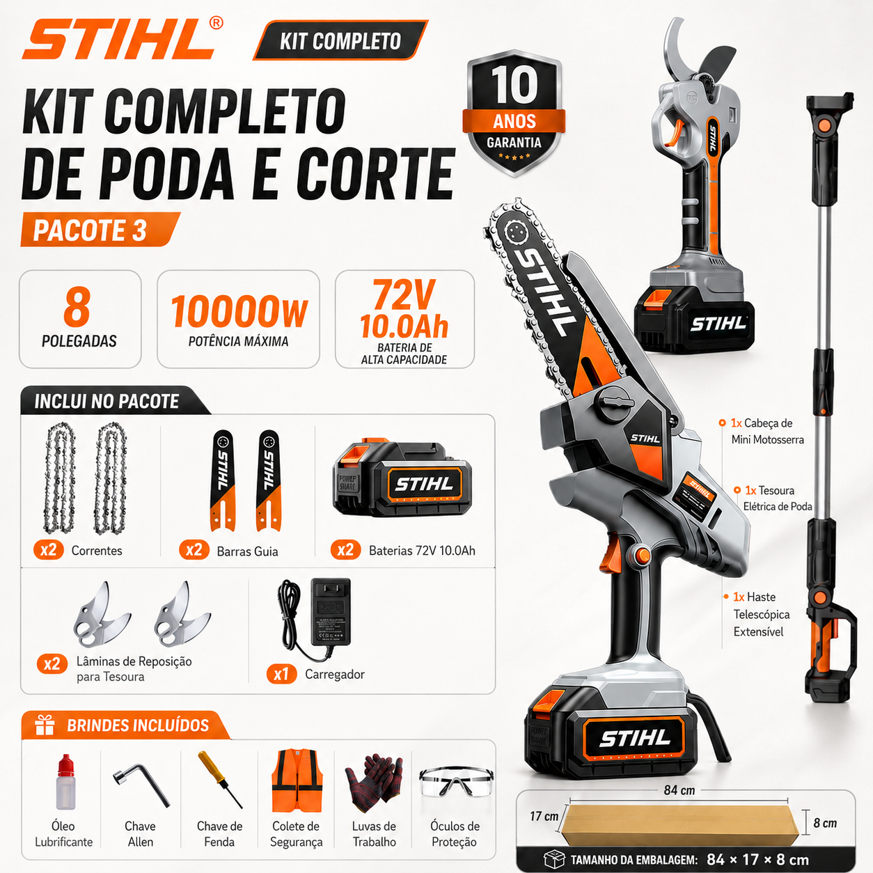 STIHL 15,000 W brushless portable chainsaw kit with extension shaft and telescopic pruning shears.
