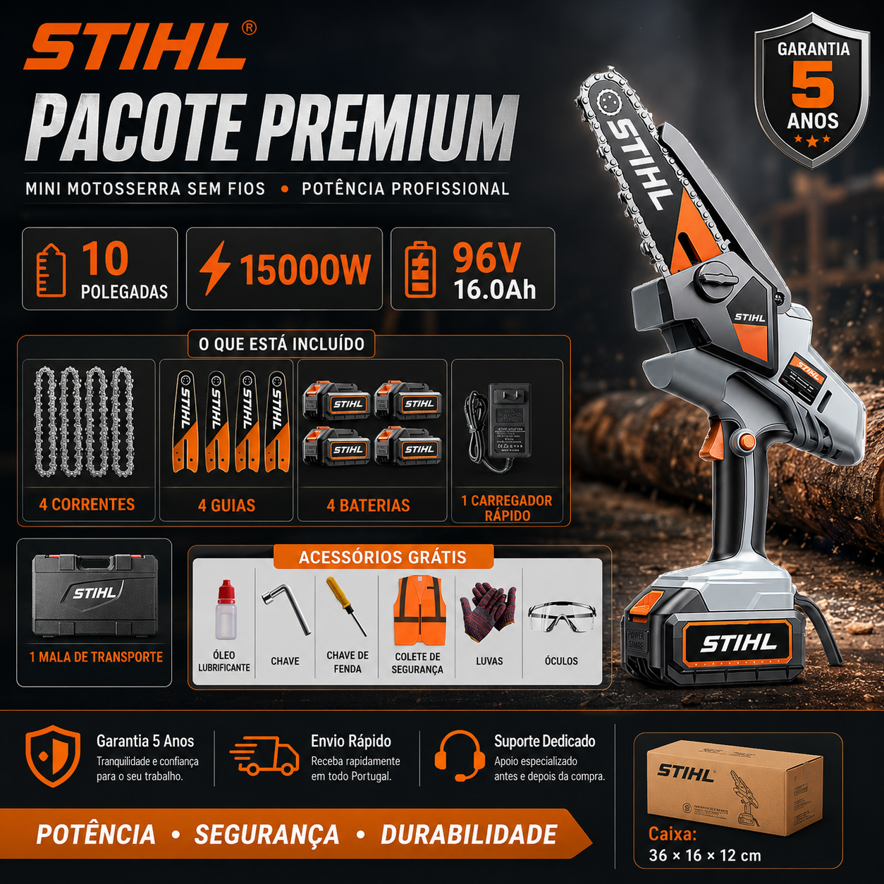 STIHL 15,000 W brushless portable chainsaw kit with extension shaft and telescopic pruning shears.