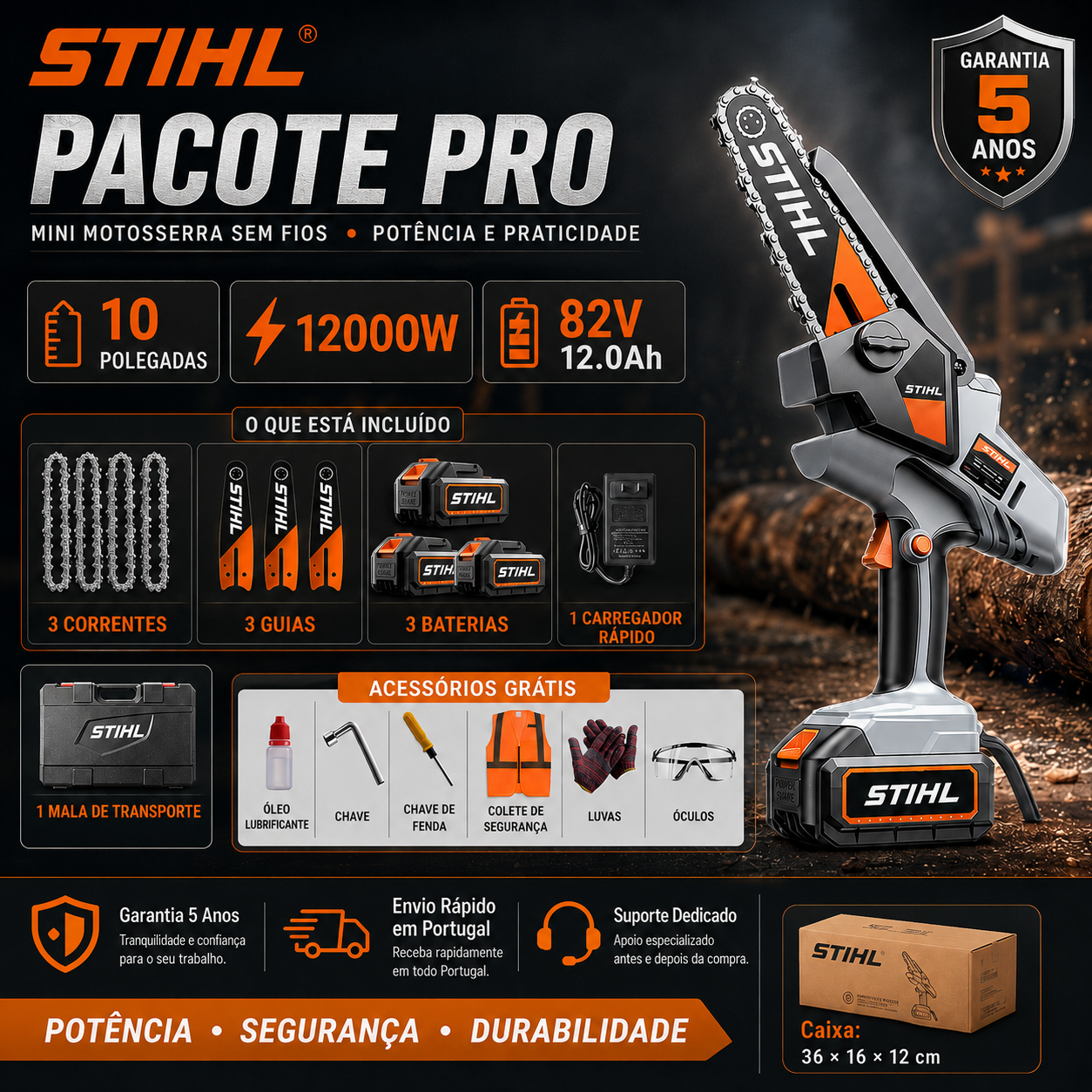 STIHL 15,000 W brushless portable chainsaw kit with extension shaft and telescopic pruning shears.