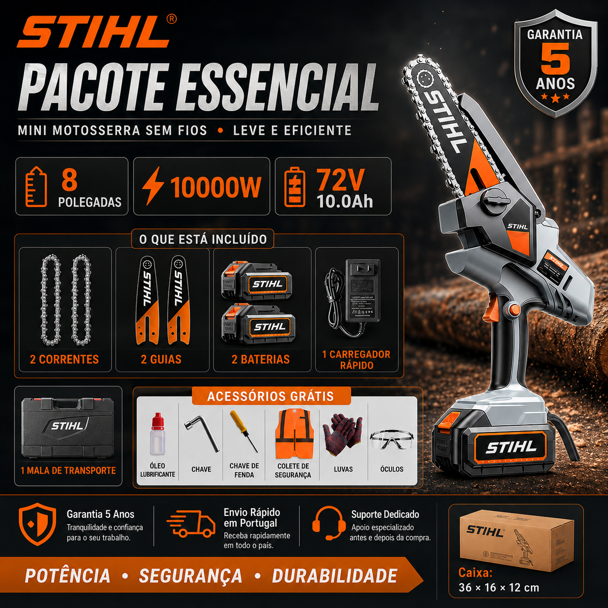 STIHL 15,000 W brushless portable chainsaw kit with extension shaft and telescopic pruning shears.