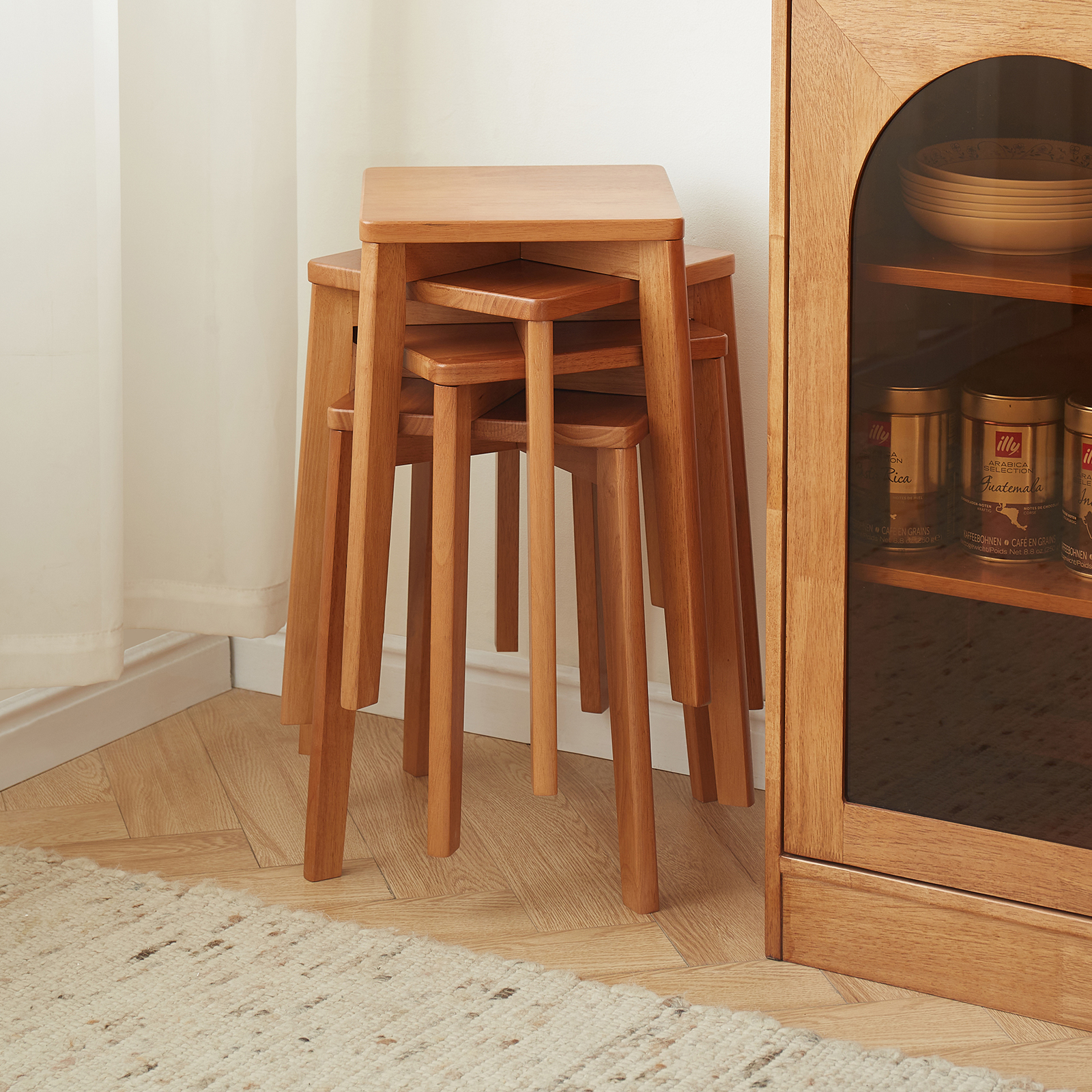 錦木-天然木 シンプル ダイニングベンチ ハイバック 四角座面 ローテーブル対応 リビング・ダイニング兼用 重ねて収納可能ダイニングベンチ