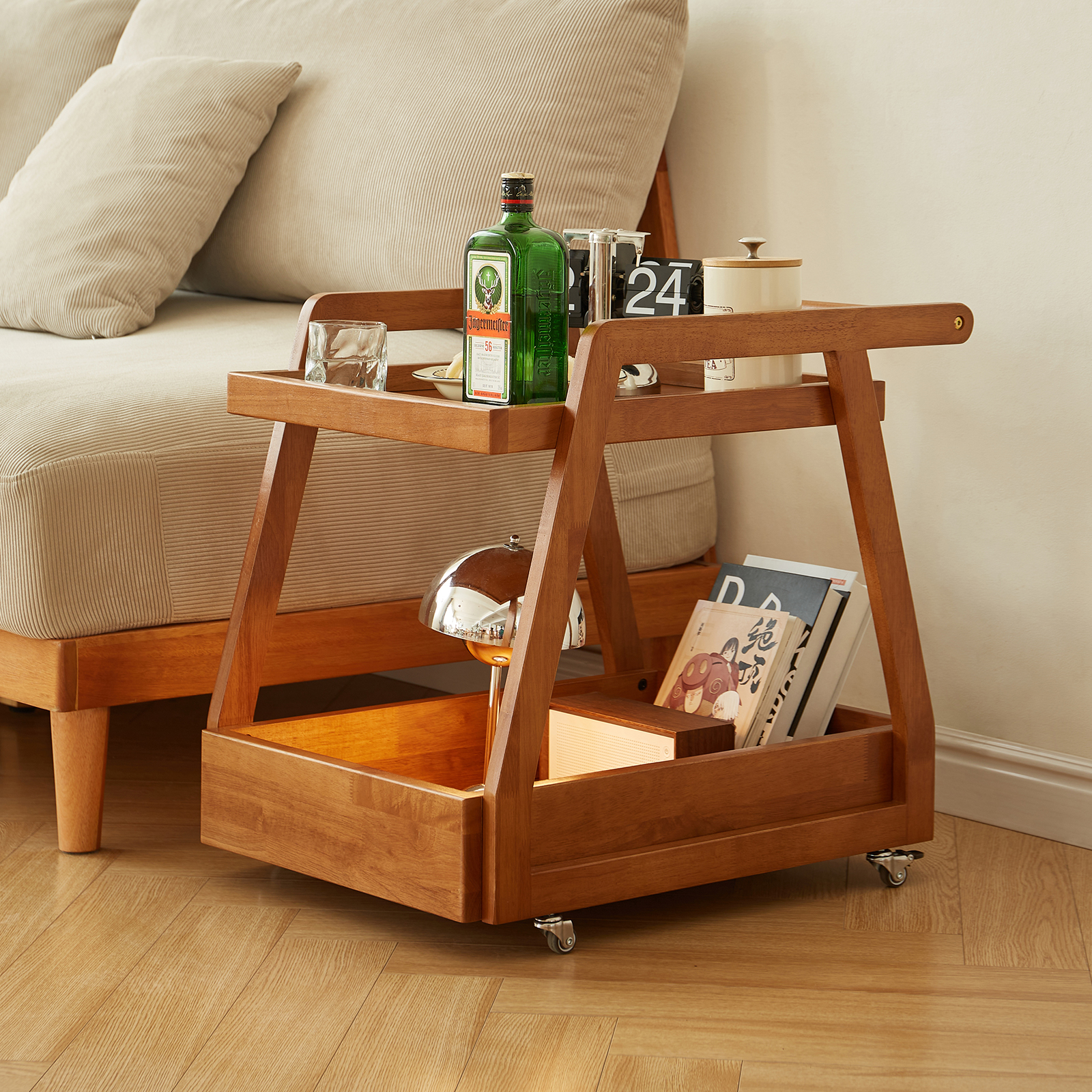 錦木-木製サイドテーブル 2段式 キャスター付きワゴン 北欧風 サイドテーブル/コーヒーテーブル 収納ラックサイドテーブル