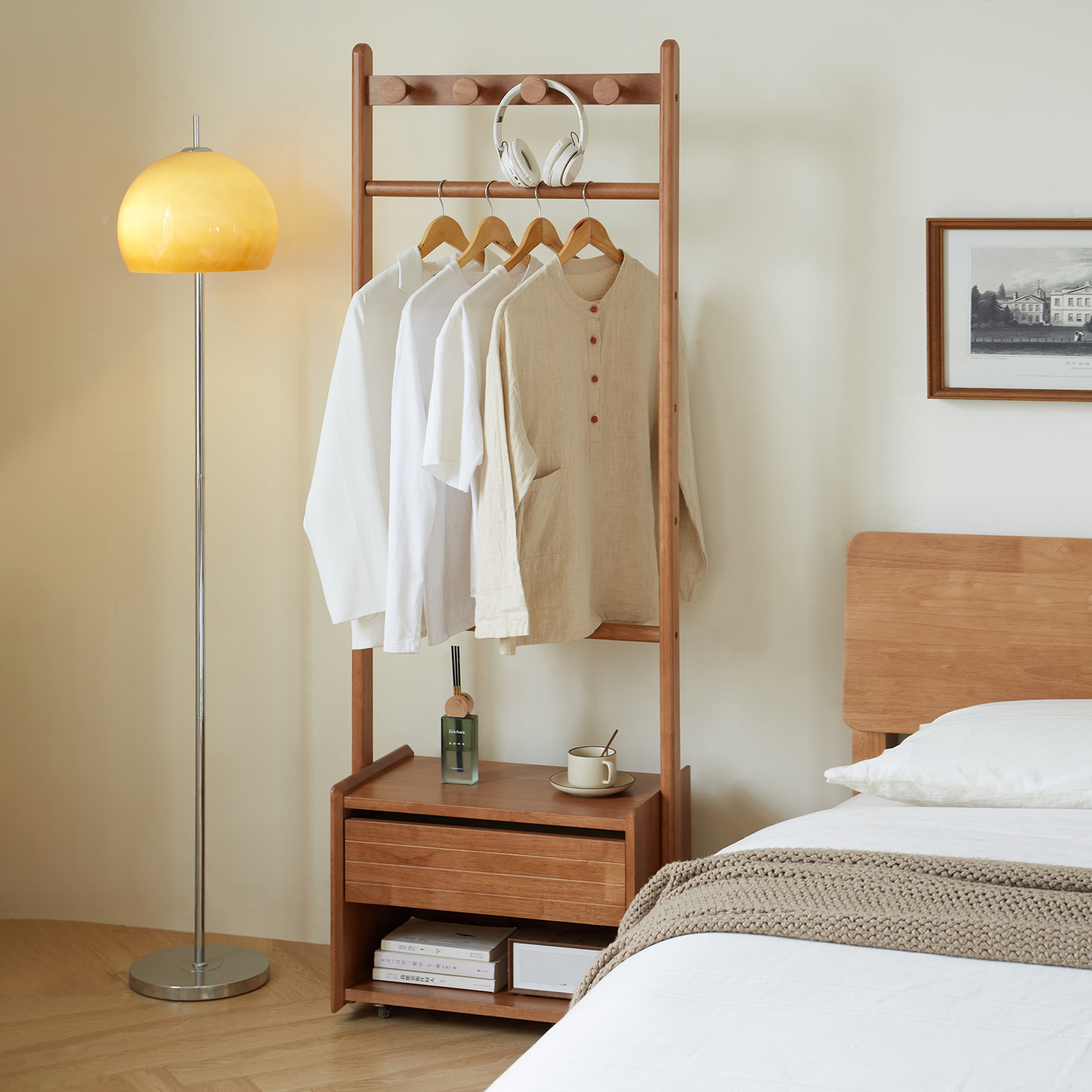 錦木-無垢材ハンガーラック 置き型 寝室・子供部屋用 収納付きキャスター付きワゴン 衣類掛け＆小物収納 縦型ラックハンガーラック