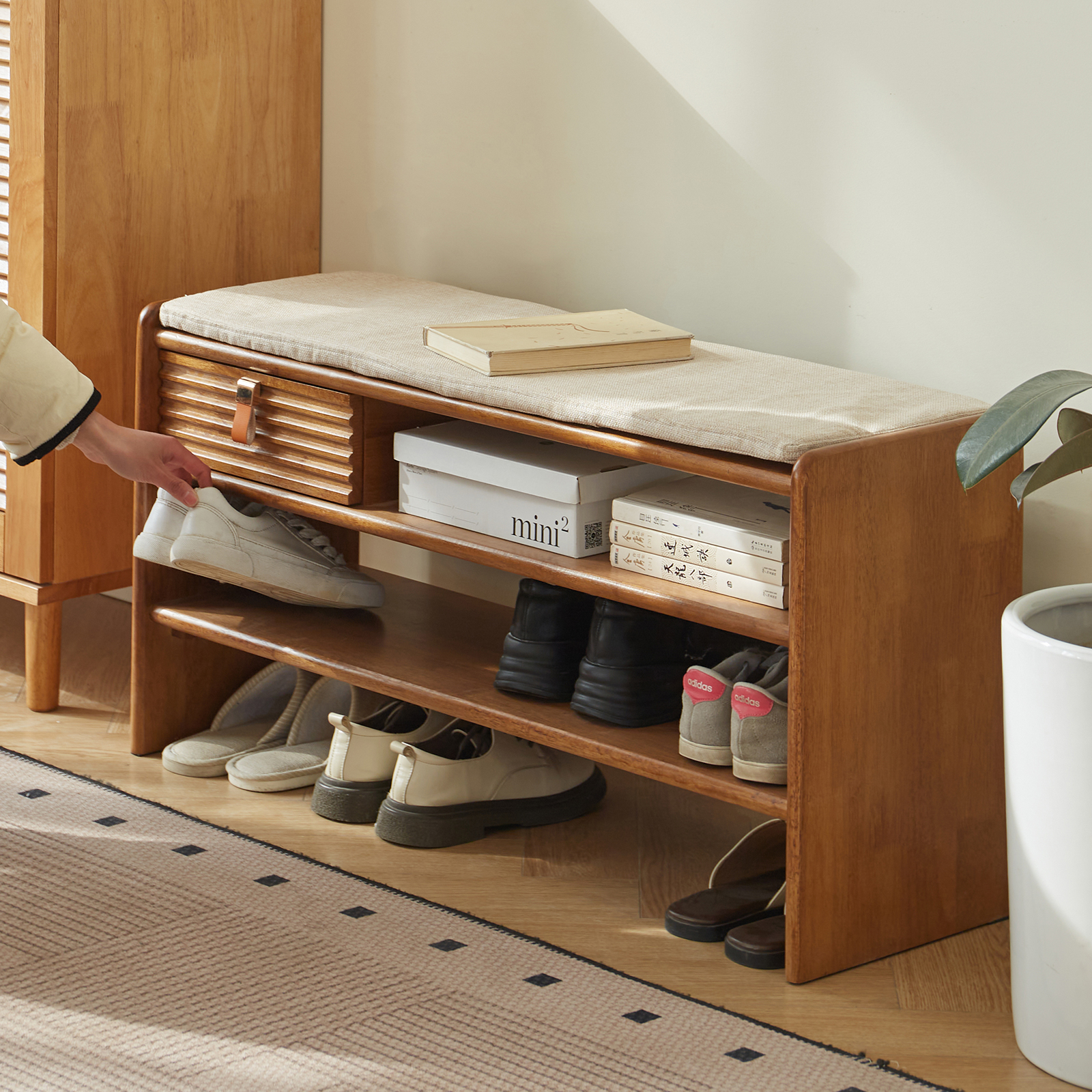 錦木-無垢材玄関ベンチ 収納付きシューズラック 座面付きスリム収納 玄関用長椅子 スリムデザイン玄関ベンチ