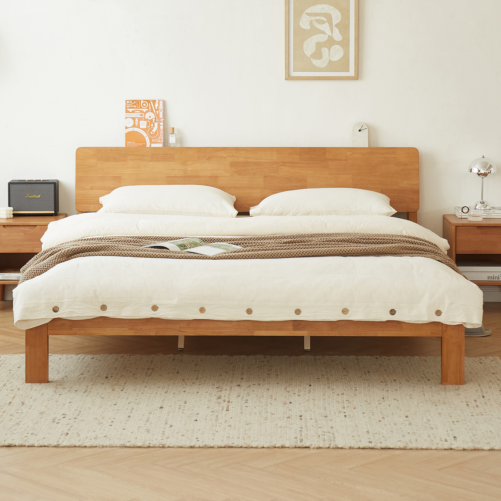 錦木-無垢材ベッド ダブル1.8m/シングル1.2m 主寝室向け シンプルデザイン チェリー色 小户型対応ベッド