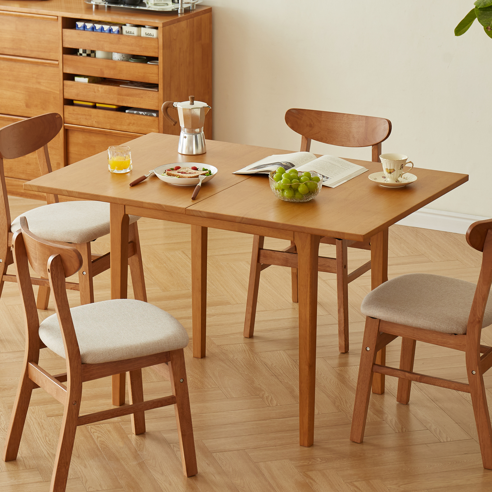 錦木-【無垢材使用】折りたたみ伸縮式ダイニングテーブルセット 長方形 シンプル 小户型対応 チェリー色 ダイニングテーブル