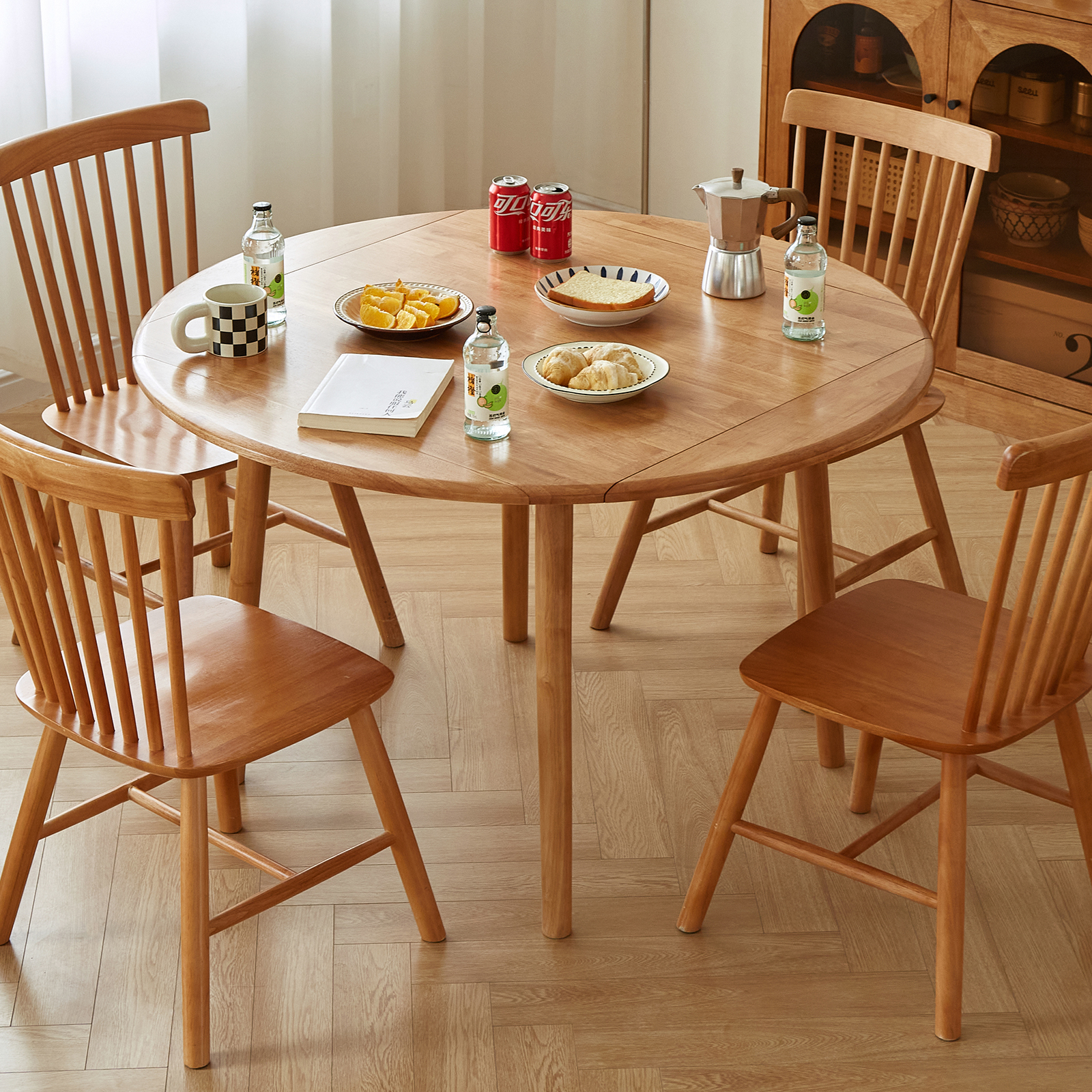 錦木-【無垢材使用】折りたたみ円形ダイニングテーブル 伸縮式スクエアテーブル 2WAY チェリー色 小户型対応 ダイニングチェアセットダイニングテーブル