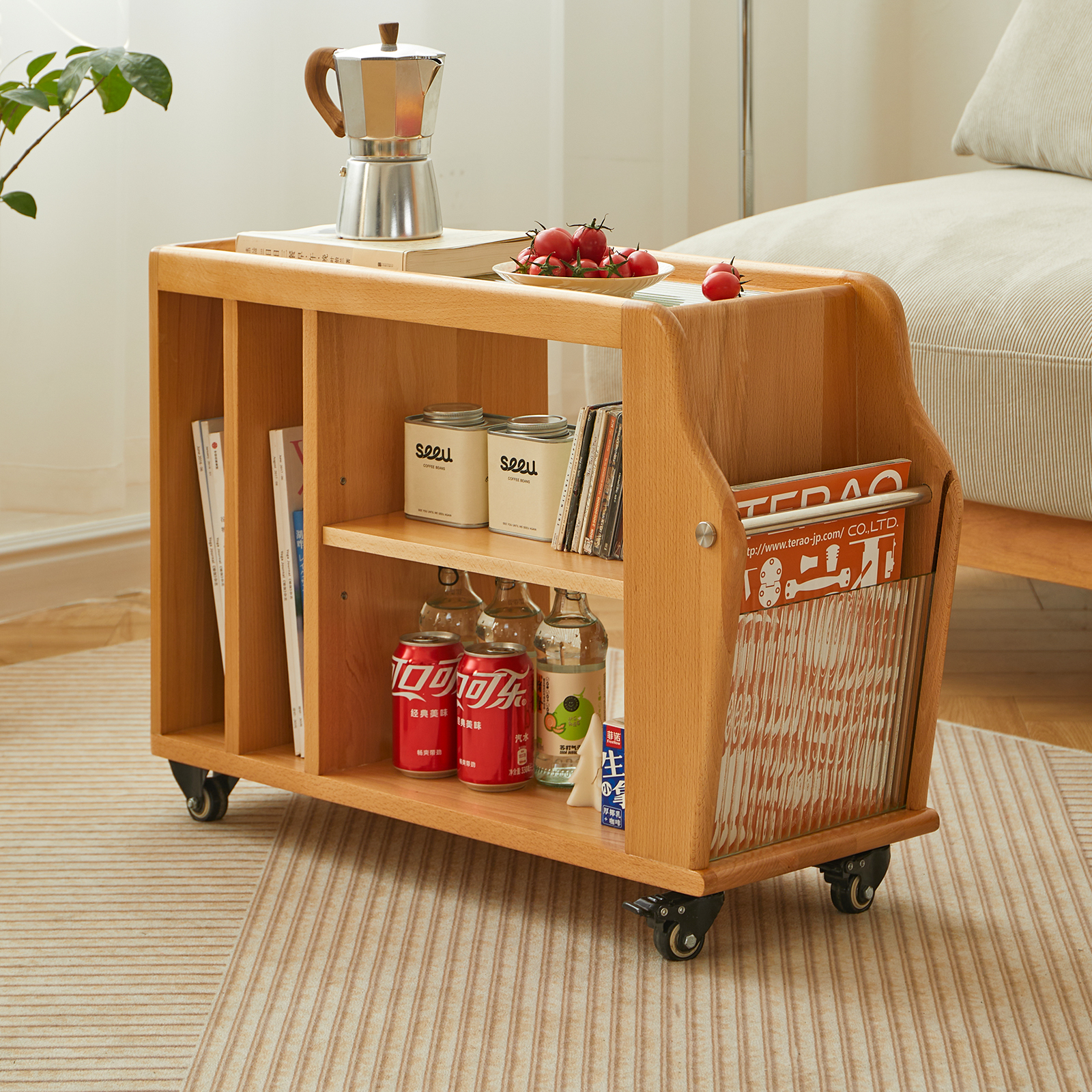 錦木-無垢材 キャスター付きサイドテーブル ヴィンテージ風 多段収納ラック リビング収納 ローチェストサイドボード