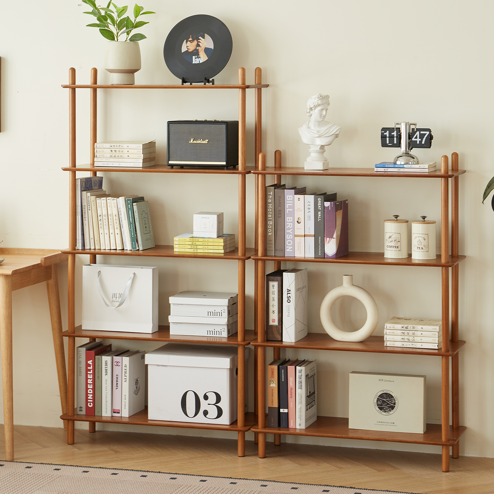 錦木-無垢材 多段式書棚 ラック フロアラック 組合せ自由 リビング収納 ディスプレイラック シンプル 間仕切りラック収納ラック