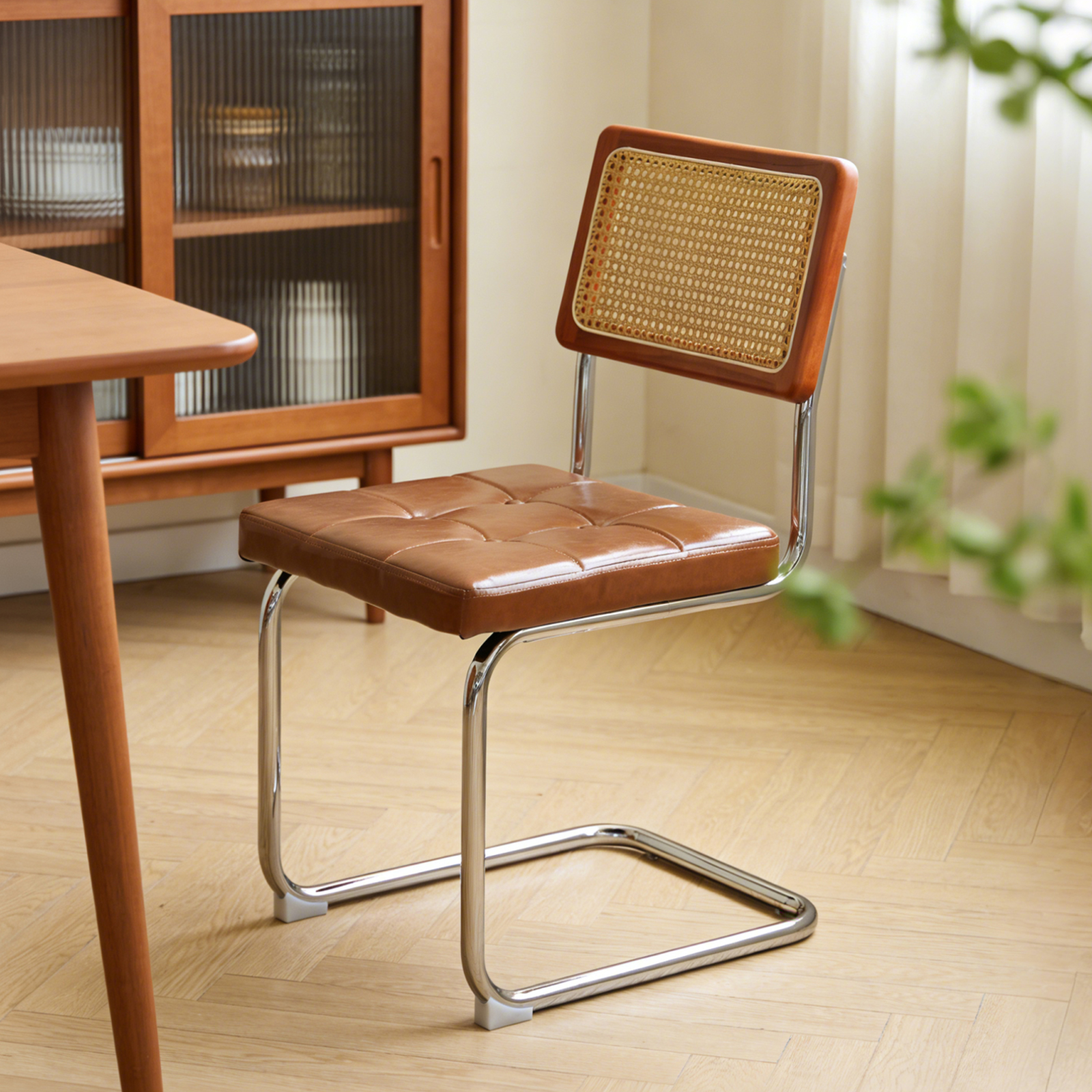 錦木-ヴィンテージ ダイニングチェア 籐張り メタル脚 クッション付き 北欧ミニマル リビングチェアダイニングチェア
