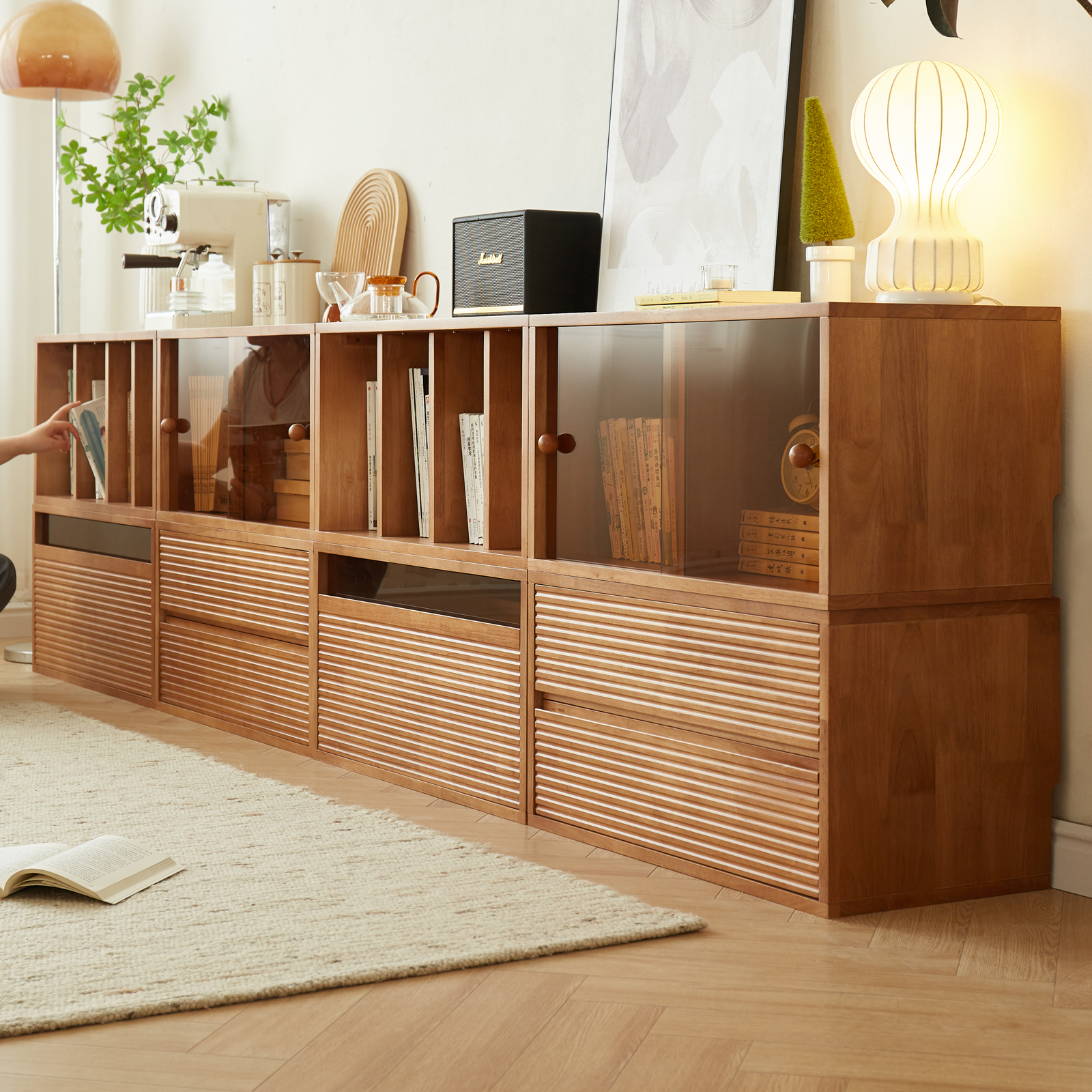 錦木-無垢材 フリーユニット収納棚 ローボード・チェスト兼用 リビング収納 間仕切り棚 モジュール式 キャビネット本棚