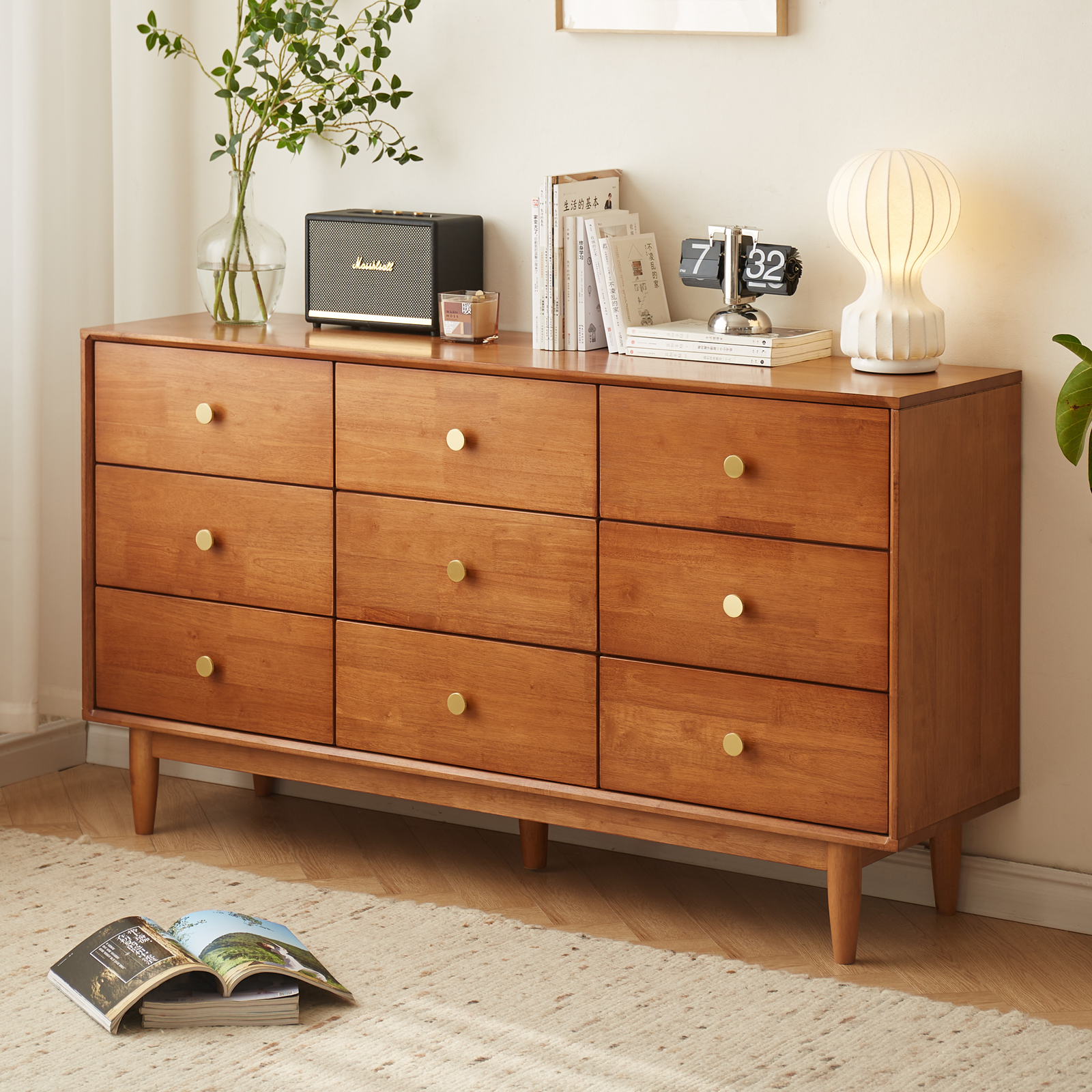 錦木-無垢材 チェスト 9 段 / 6 段 / 5 段 コンパクト収納 レトロ風 シンプルデザイン リビング収納棚チェスト