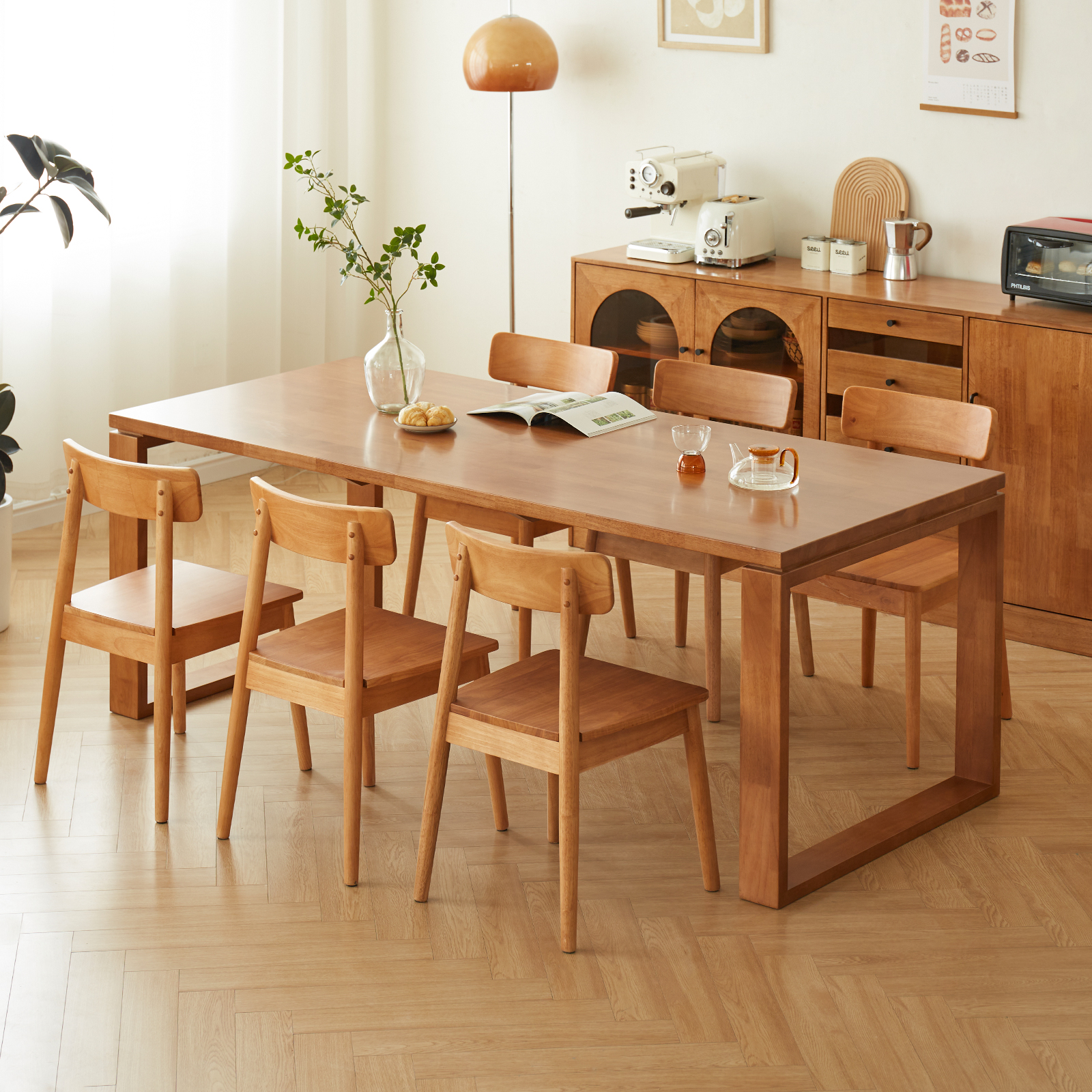 錦木-チェリーウッド風 北欧風ダイニングテーブルセット 長方形 木製 一人暮らし・ファミリー向け ミニマルデザインダイニングテーブル