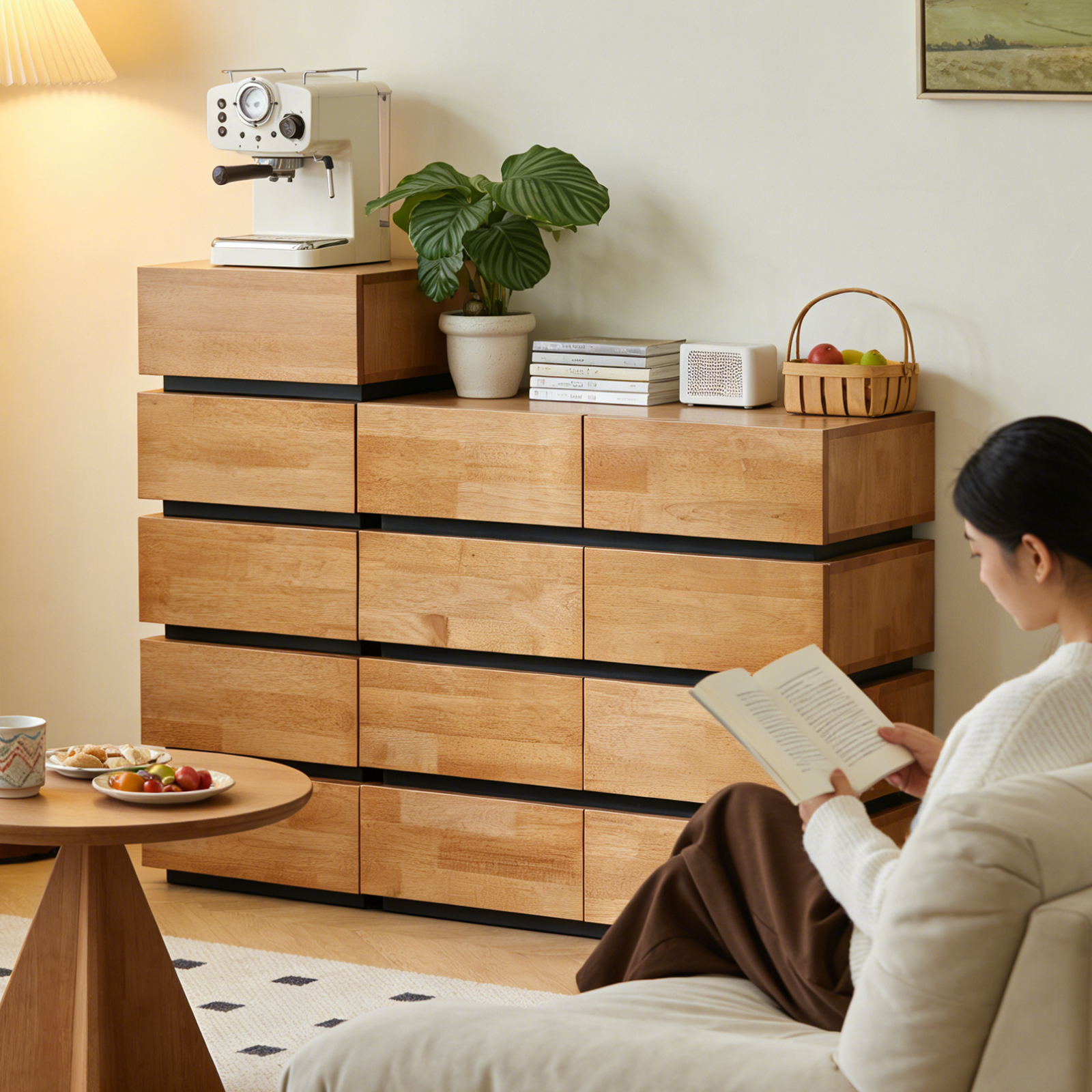 錦木-ミッドセンチュリー 無垢材チェスト 多段式 リビング・寝室・ベッドサイド収納 サイドボード 収納キャビネットチェスト