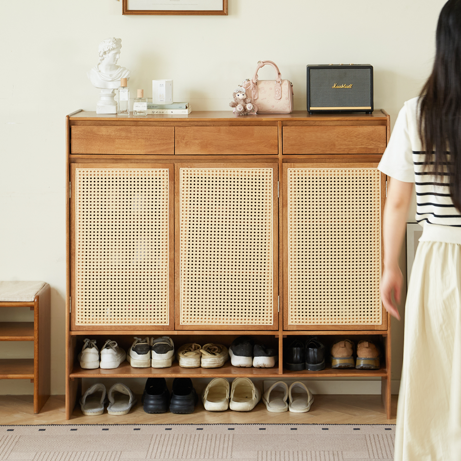錦木-無垢材シューズボックス ラタン編み 玄関収納 多目的キャビネット 家庭用 シューズラック靴箱 / シューズボックス
