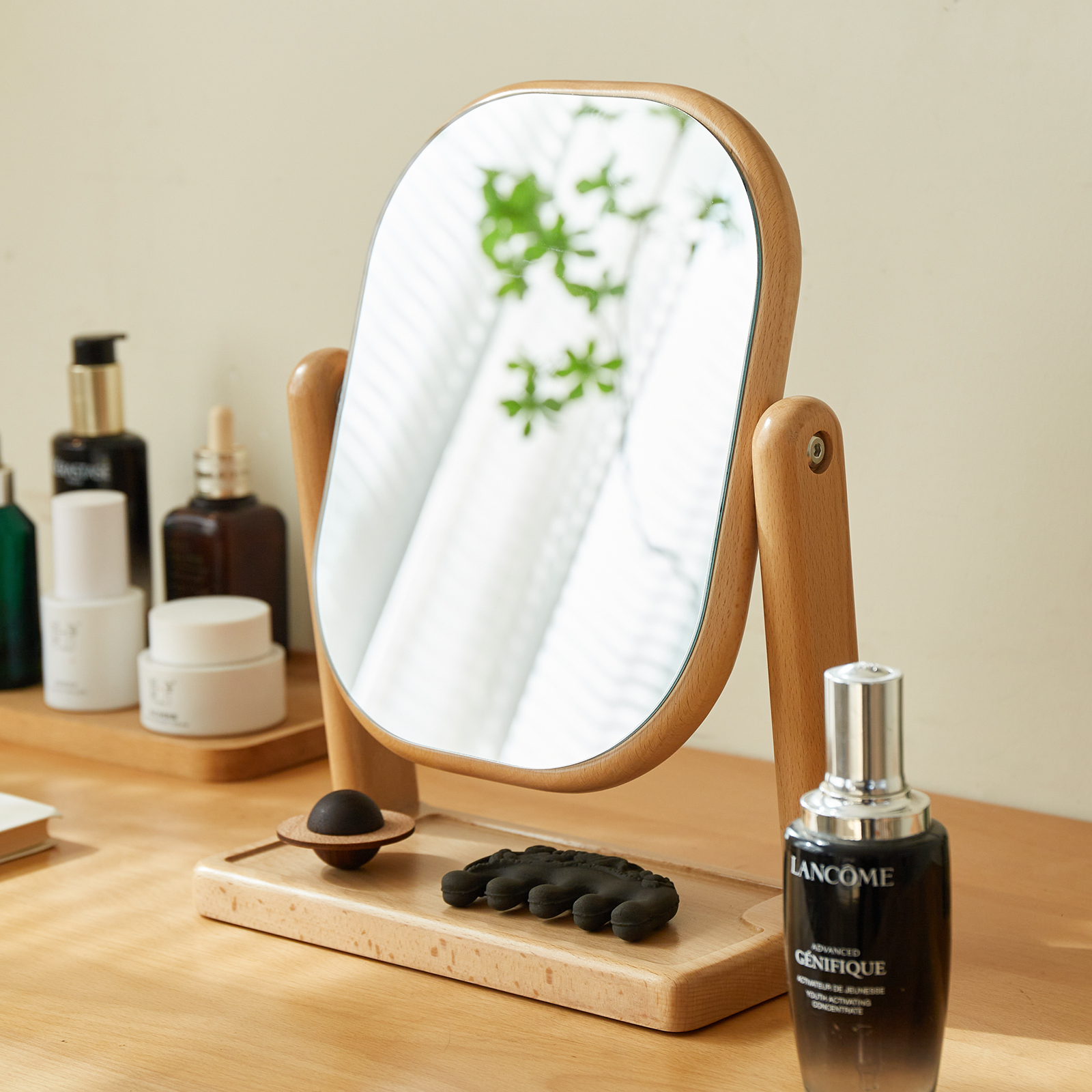 錦木-無垢材化粧鏡 卓上型 回転式 高反射 レトロシンプル ブナ材 寝室用 ドレッサーミラー化粧鏡