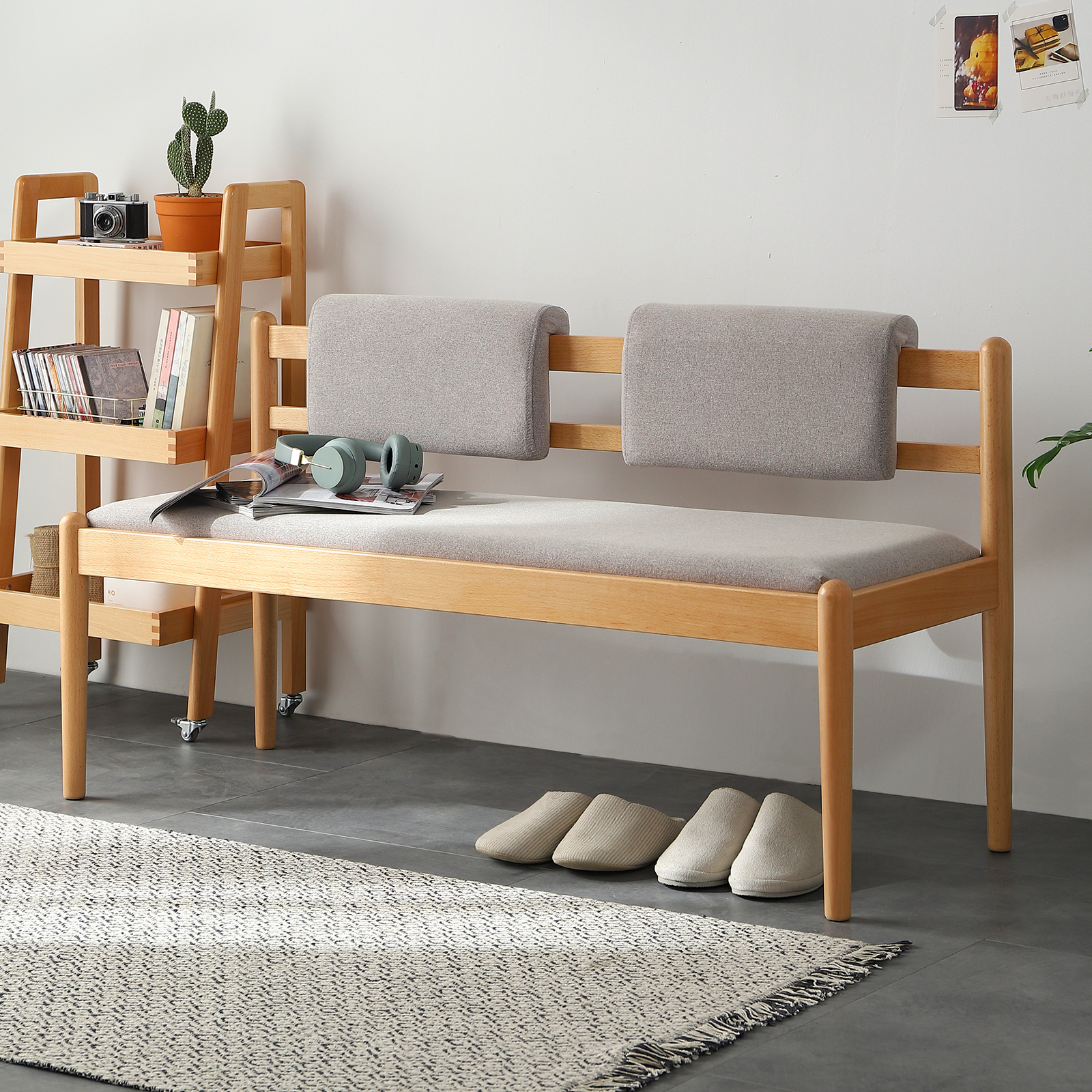 錦木-無垢材ロングベンチ 北欧風シンプル 布張り 2人掛け クッション付き 玄関ベンチ ベッドサイドベンイニングチェア