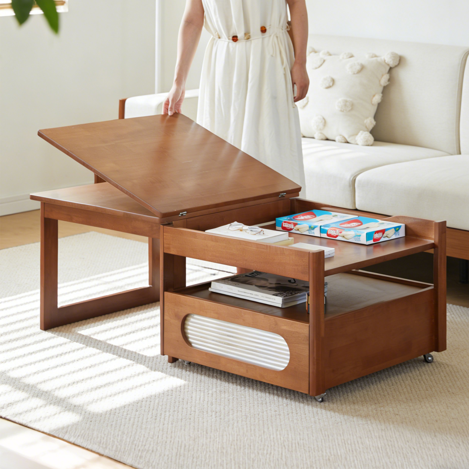 錦木-無垢材ローテーブル 昇降式 折りたたみ キャスター付き 多機能 小户型リビング向け モダンシンプル サイドテーブル兼用ローテーブル