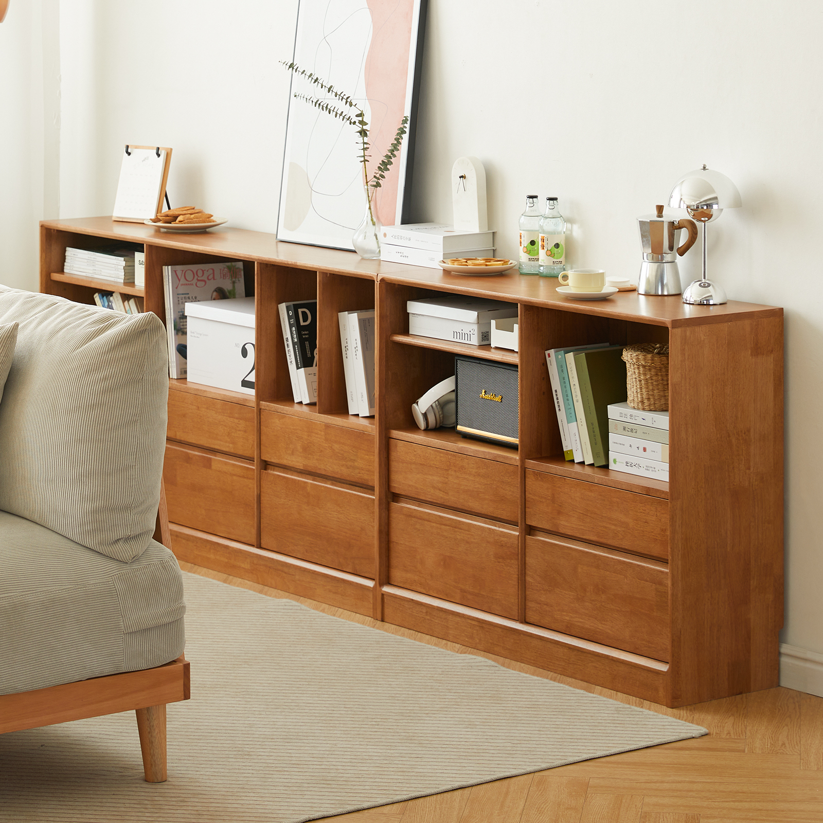 錦木-天然木製の低い本棚｜リビング用床下収納棚 ラック型テレビボード 家庭用ダイニングサイドボード
