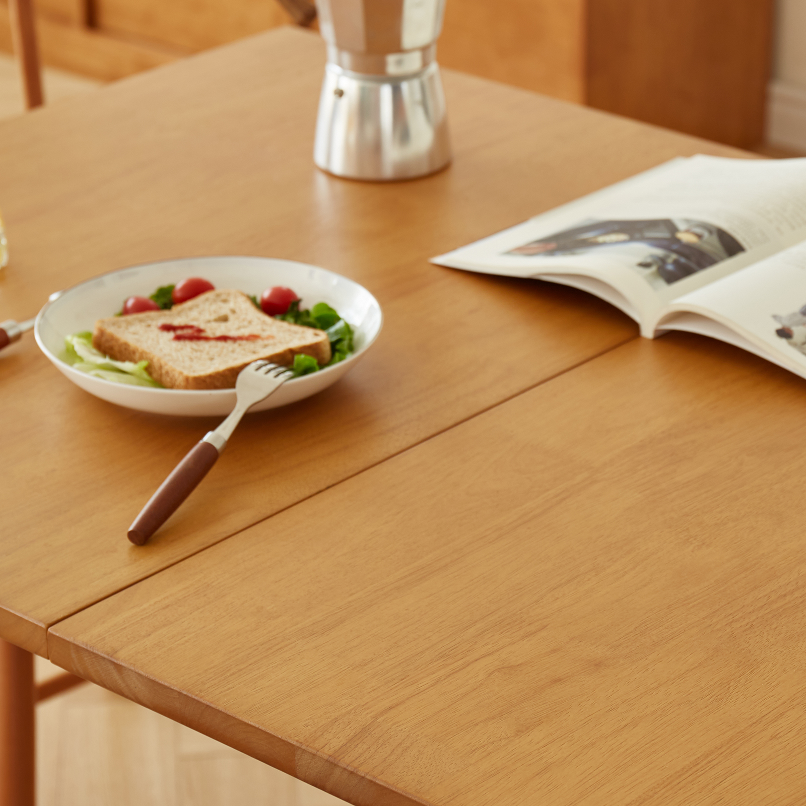 錦木-【無垢材使用】折りたたみ伸縮式ダイニングテーブルセット 長方形 シンプル 小户型対応 チェリー色 ダイニングテーブル