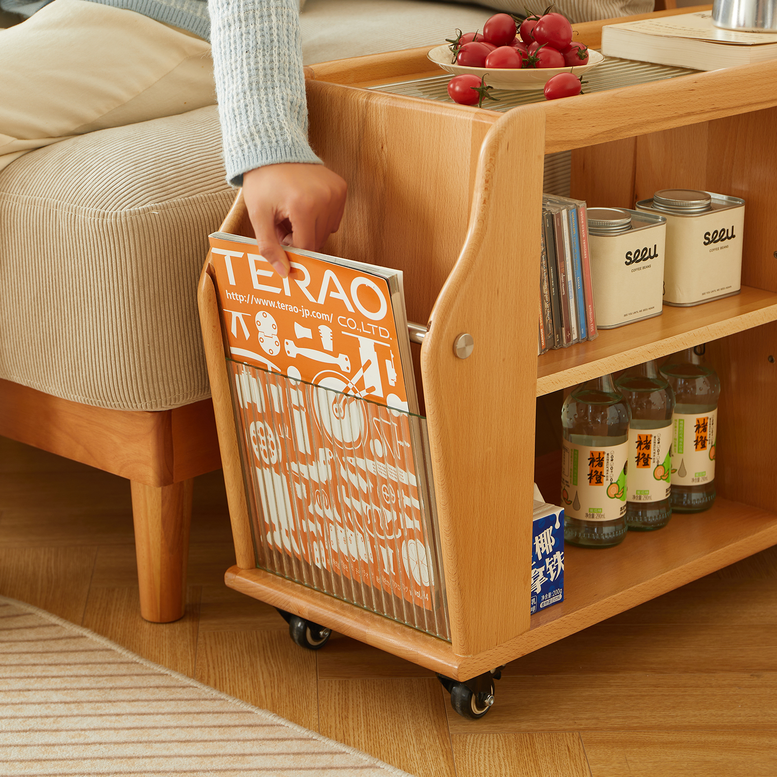 錦木-無垢材 キャスター付きサイドテーブル ヴィンテージ風 多段収納ラック リビング収納 ローチェストサイドボード