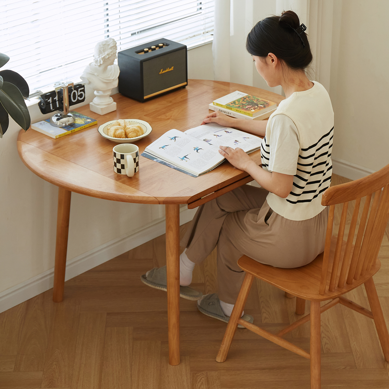 錦木-【無垢材使用】折りたたみ円形ダイニングテーブル 伸縮式スクエアテーブル 2WAY チェリー色 小户型対応 ダイニングチェアセットダイニングテーブル
