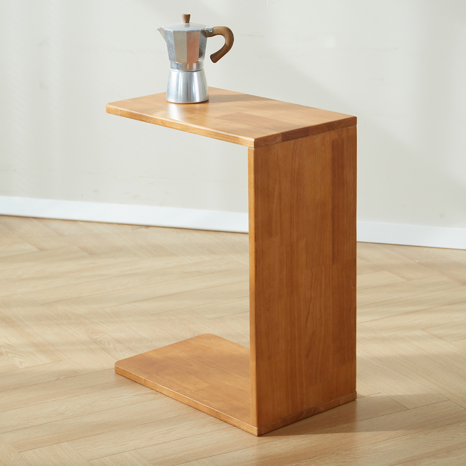 錦木-無垢材 C 字型サイドテーブル 多機能 コーナーテーブル キャスター付き移動式 リビング・寝室用 コンパクト サイドボードサイドテーブル