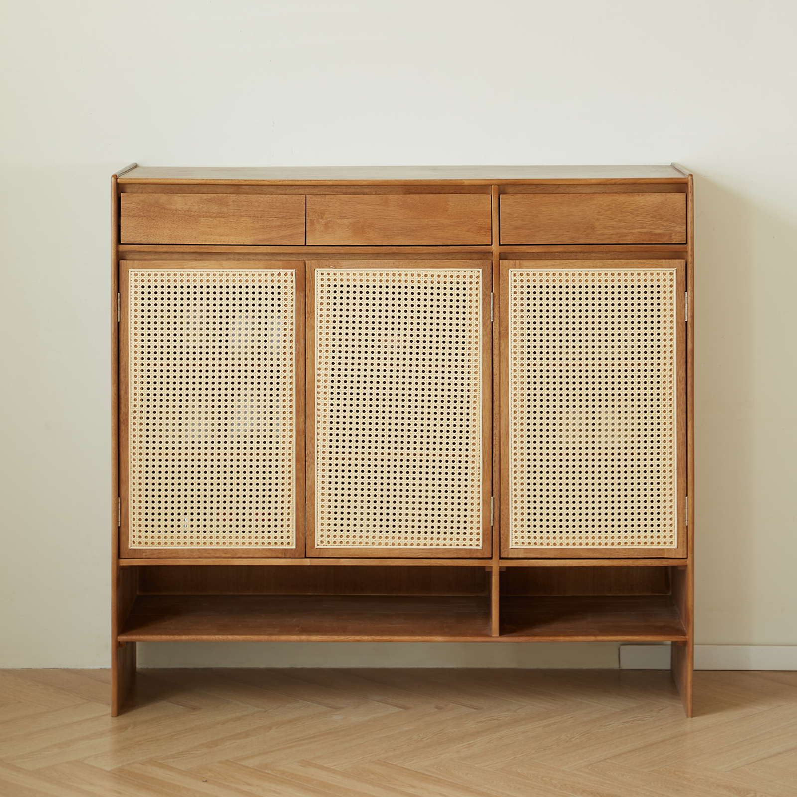 錦木-無垢材シューズボックス ラタン編み 玄関収納 多目的キャビネット 家庭用 シューズラック靴箱 / シューズボックス