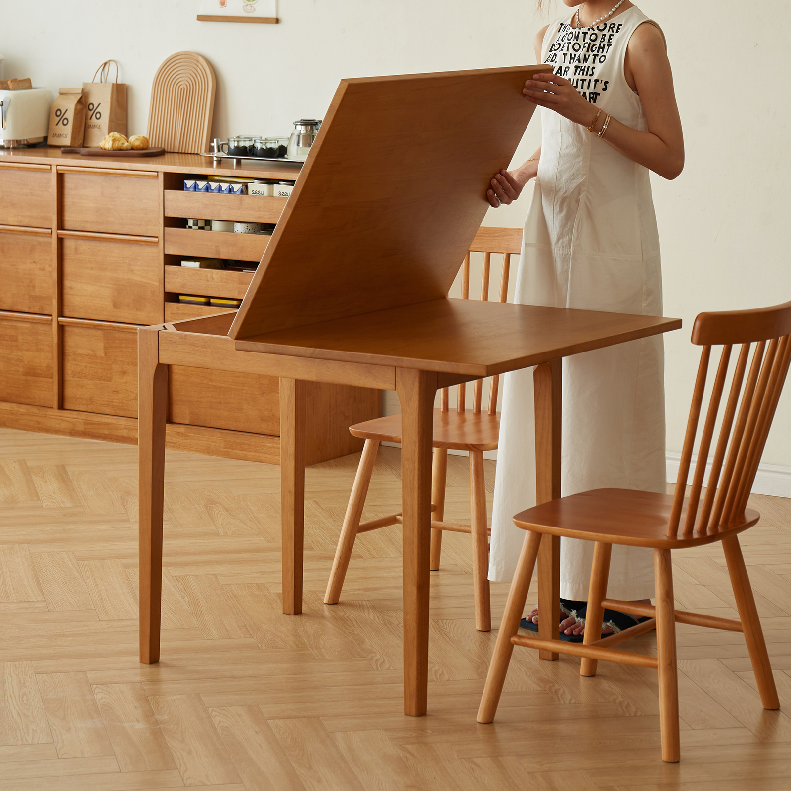 錦木-【無垢材使用】折りたたみ伸縮式ダイニングテーブルセット 長方形 シンプル 小户型対応 チェリー色 ダイニングテーブル