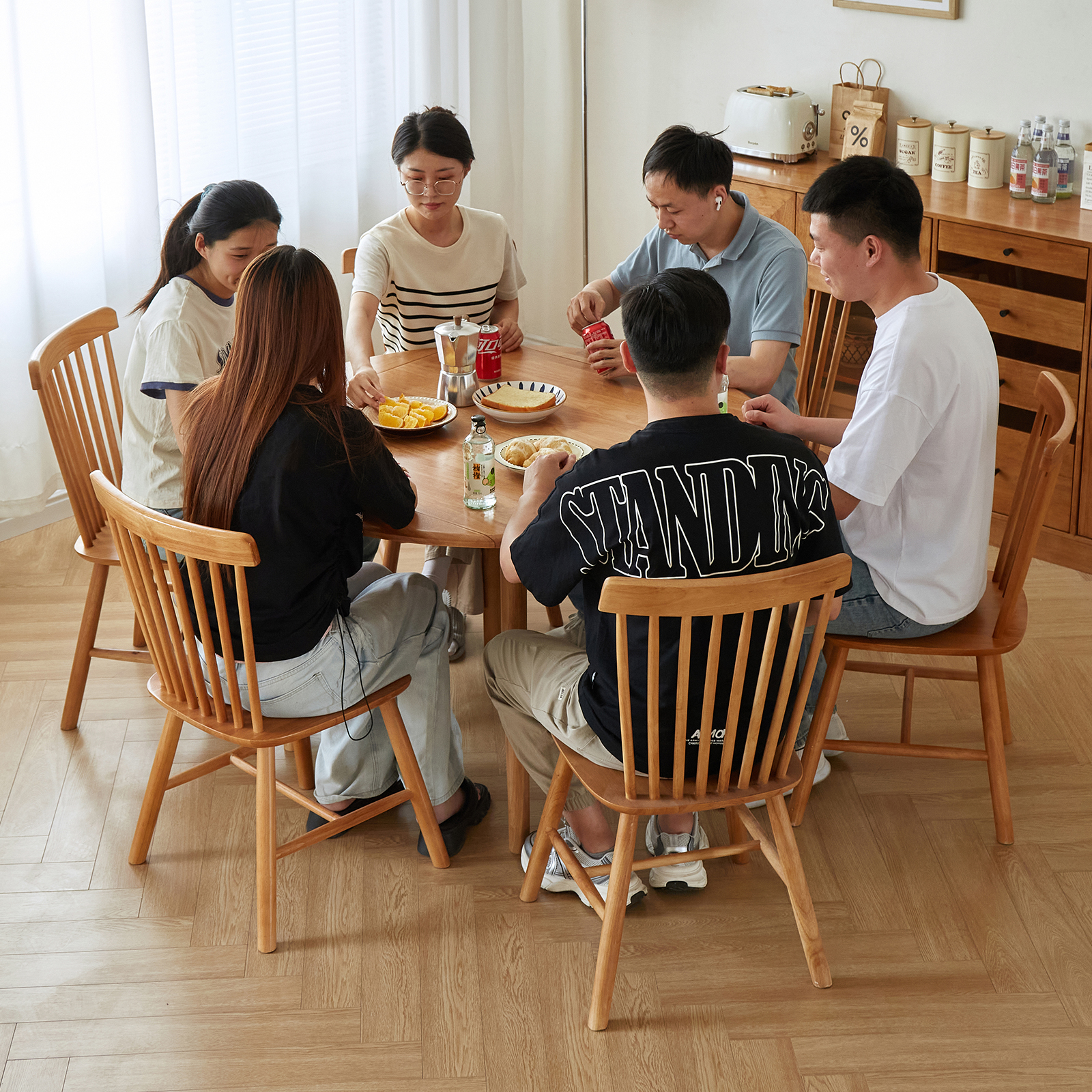 錦木-【無垢材使用】折りたたみ円形ダイニングテーブル 伸縮式スクエアテーブル 2WAY チェリー色 小户型対応 ダイニングチェアセットダイニングテーブル