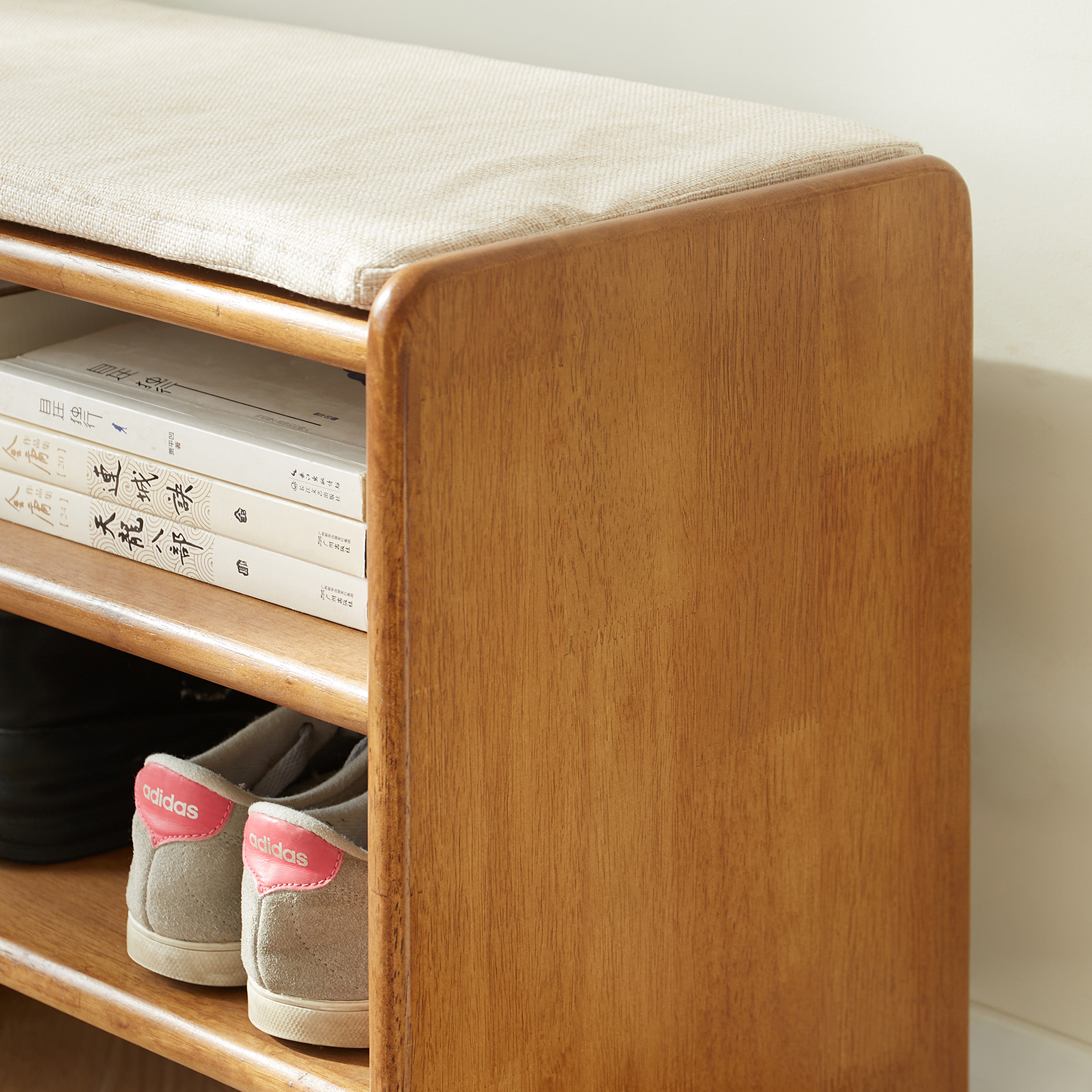 錦木-無垢材玄関ベンチ 収納付きシューズラック 座面付きスリム収納 玄関用長椅子 スリムデザイン玄関ベンチ