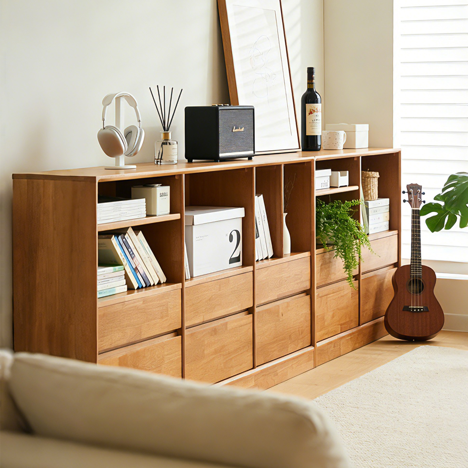 錦木-天然木製の低い本棚｜リビング用床下収納棚 ラック型テレビボード 家庭用ダイニングサイドボード