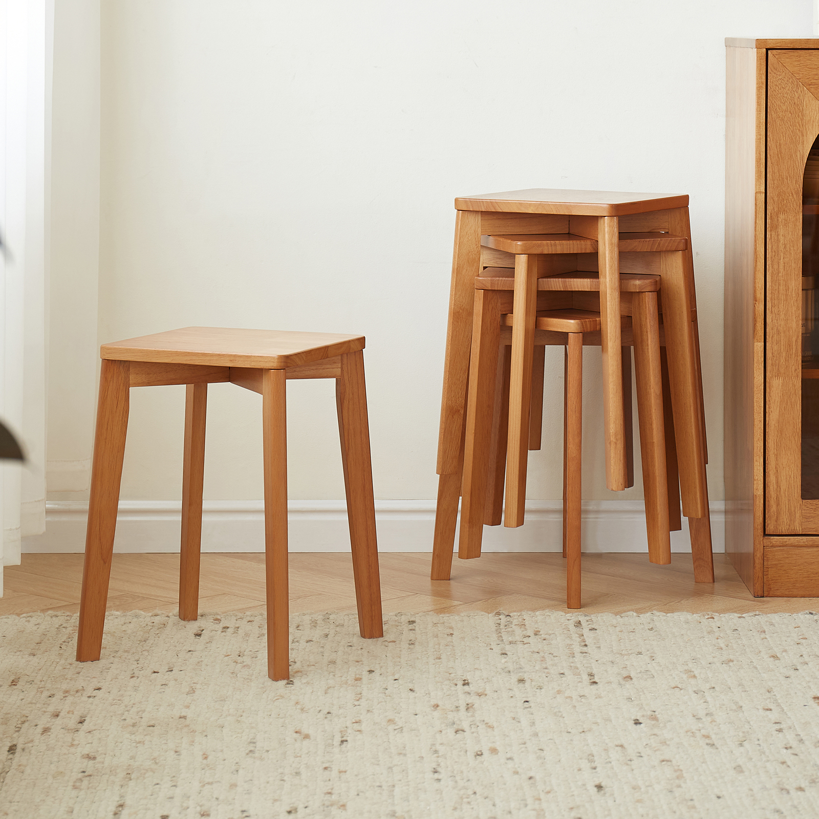 錦木-天然木 シンプル ダイニングベンチ ハイバック 四角座面 ローテーブル対応 リビング・ダイニング兼用 重ねて収納可能ダイニングベンチ