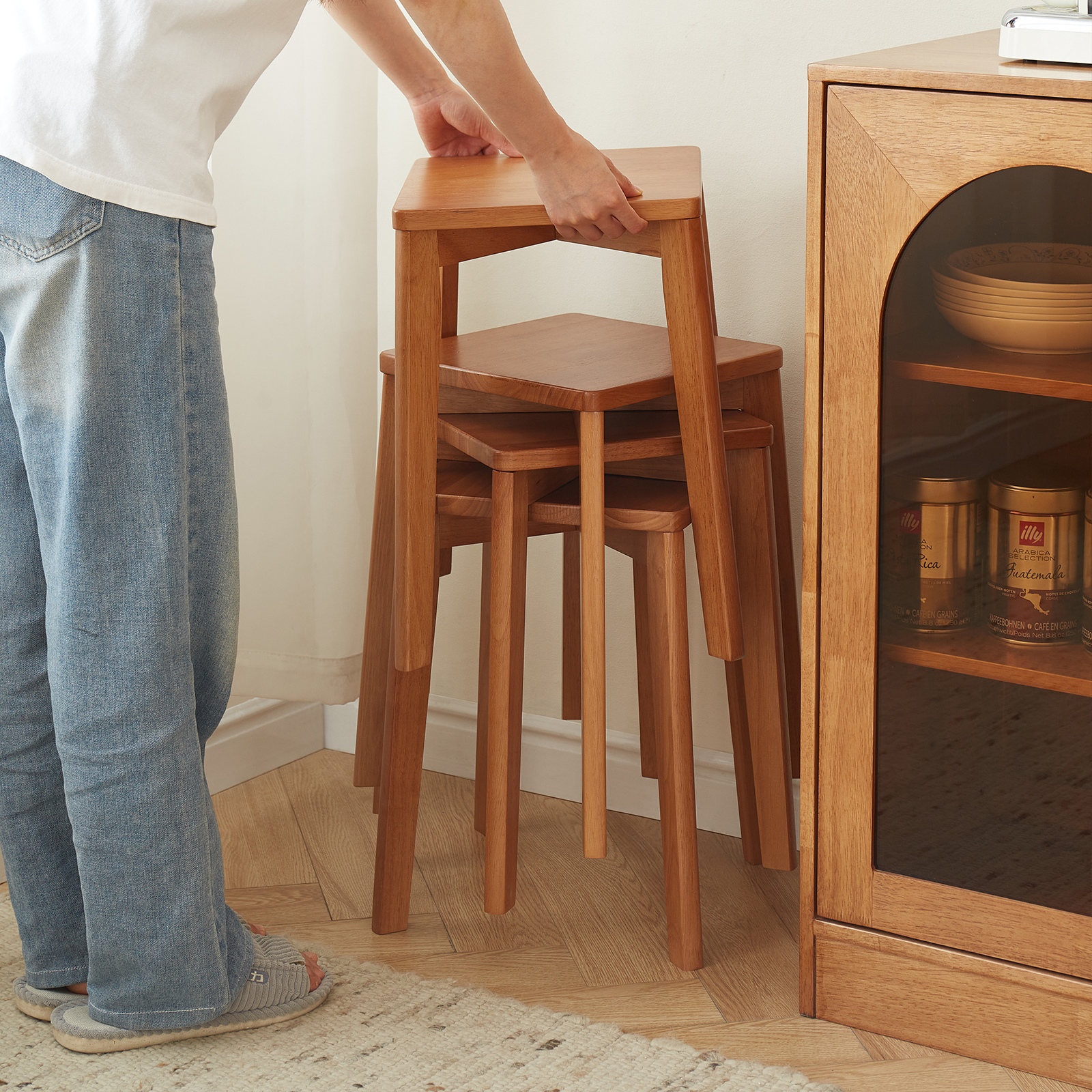 錦木-天然木 シンプル ダイニングベンチ ハイバック 四角座面 ローテーブル対応 リビング・ダイニング兼用 重ねて収納可能ダイニングベンチ