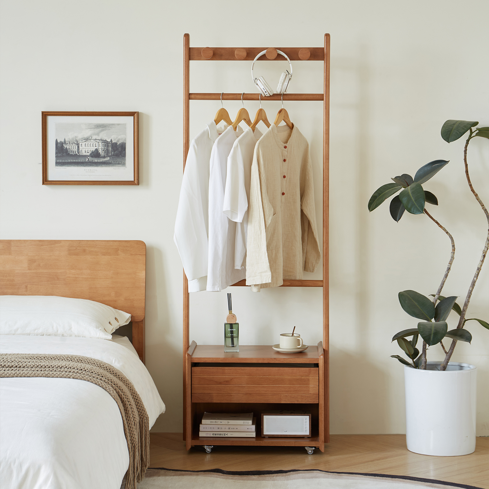 錦木-無垢材ハンガーラック 置き型 寝室・子供部屋用 収納付きキャスター付きワゴン 衣類掛け＆小物収納 縦型ラックハンガーラック