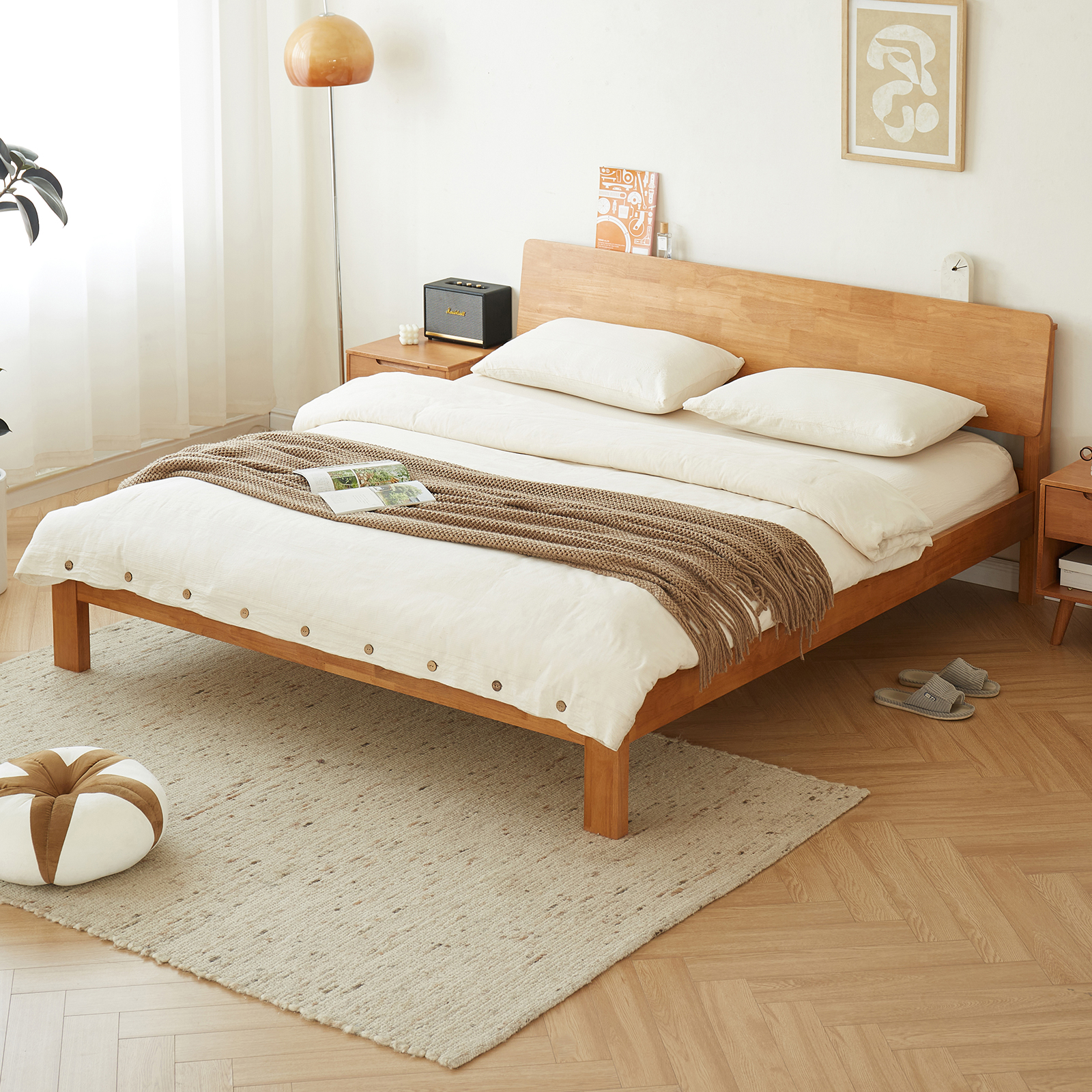 錦木-無垢材ベッド ダブル1.8m/シングル1.2m 主寝室向け シンプルデザイン チェリー色 小户型対応ベッド