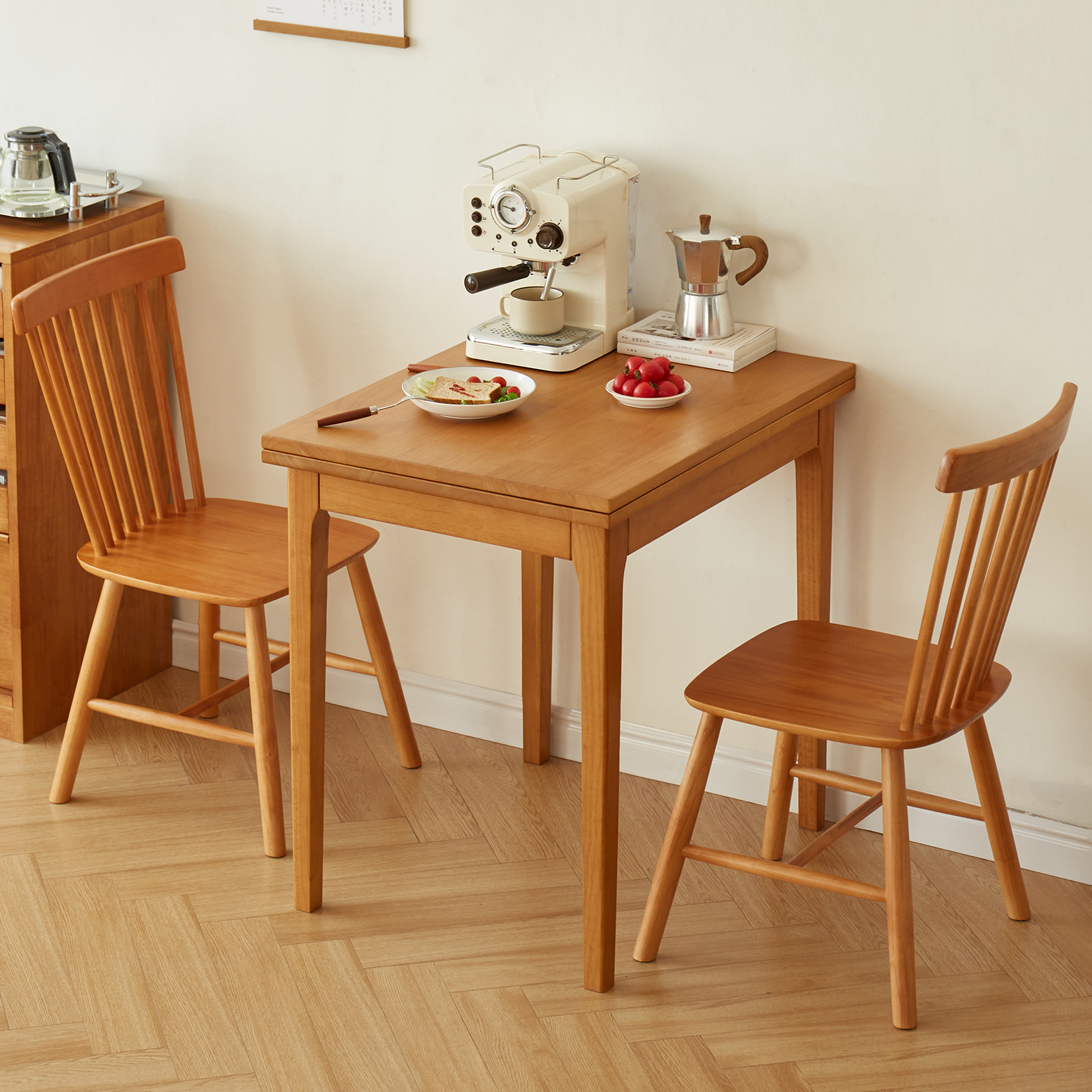 錦木-【無垢材使用】折りたたみ伸縮式ダイニングテーブルセット 長方形 シンプル 小户型対応 チェリー色 ダイニングテーブル