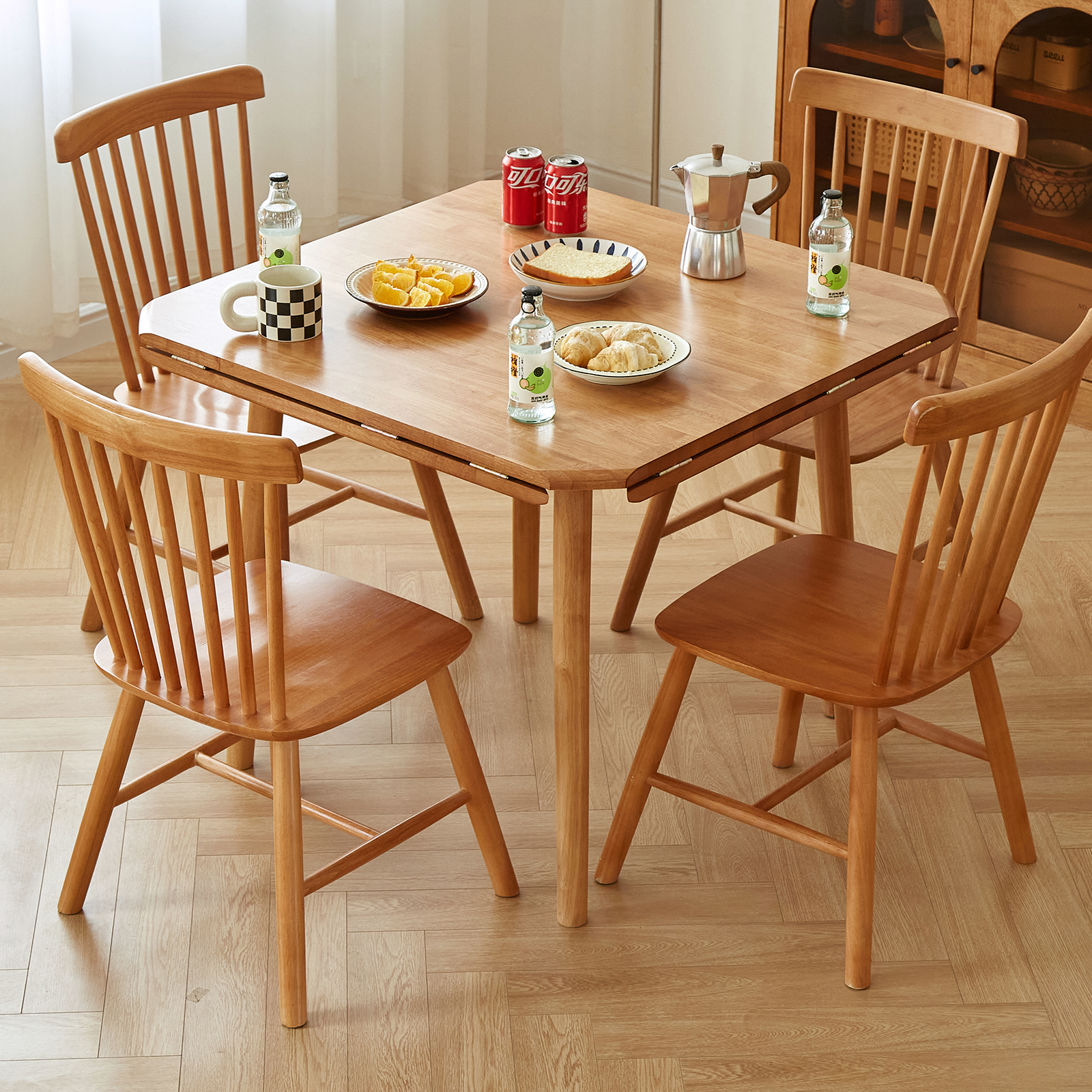 錦木-【無垢材使用】折りたたみ円形ダイニングテーブル 伸縮式スクエアテーブル 2WAY チェリー色 小户型対応 ダイニングチェアセットダイニングテーブル