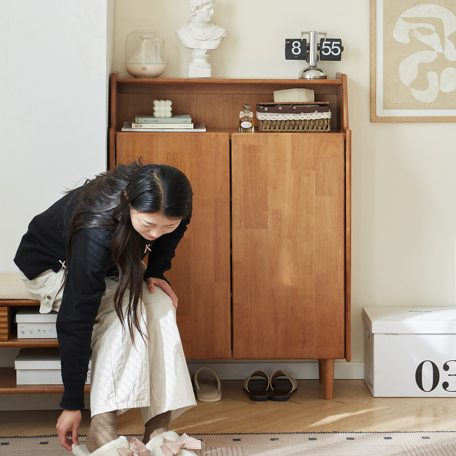 錦木-木製シューズラック 家庭用玄関収納 大容量 壁際一体型シューズ収納キャビネット リビング玄関キャビネット靴箱 / シューズボックス