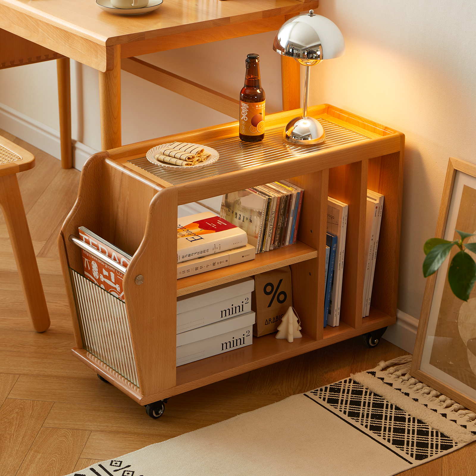 錦木-無垢材 キャスター付きサイドテーブル ヴィンテージ風 多段収納ラック リビング収納 ローチェストサイドボード