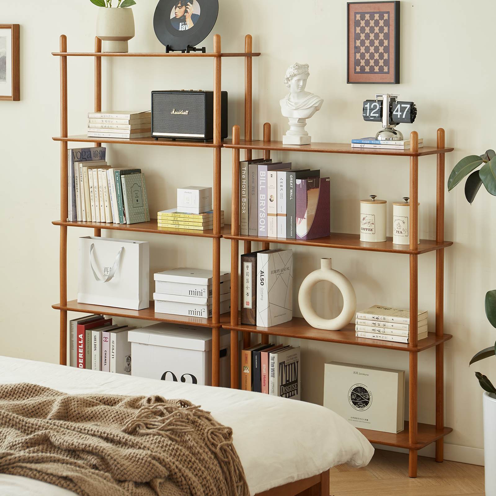 錦木-無垢材 多段式書棚 ラック フロアラック 組合せ自由 リビング収納 ディスプレイラック シンプル 間仕切りラック収納ラック