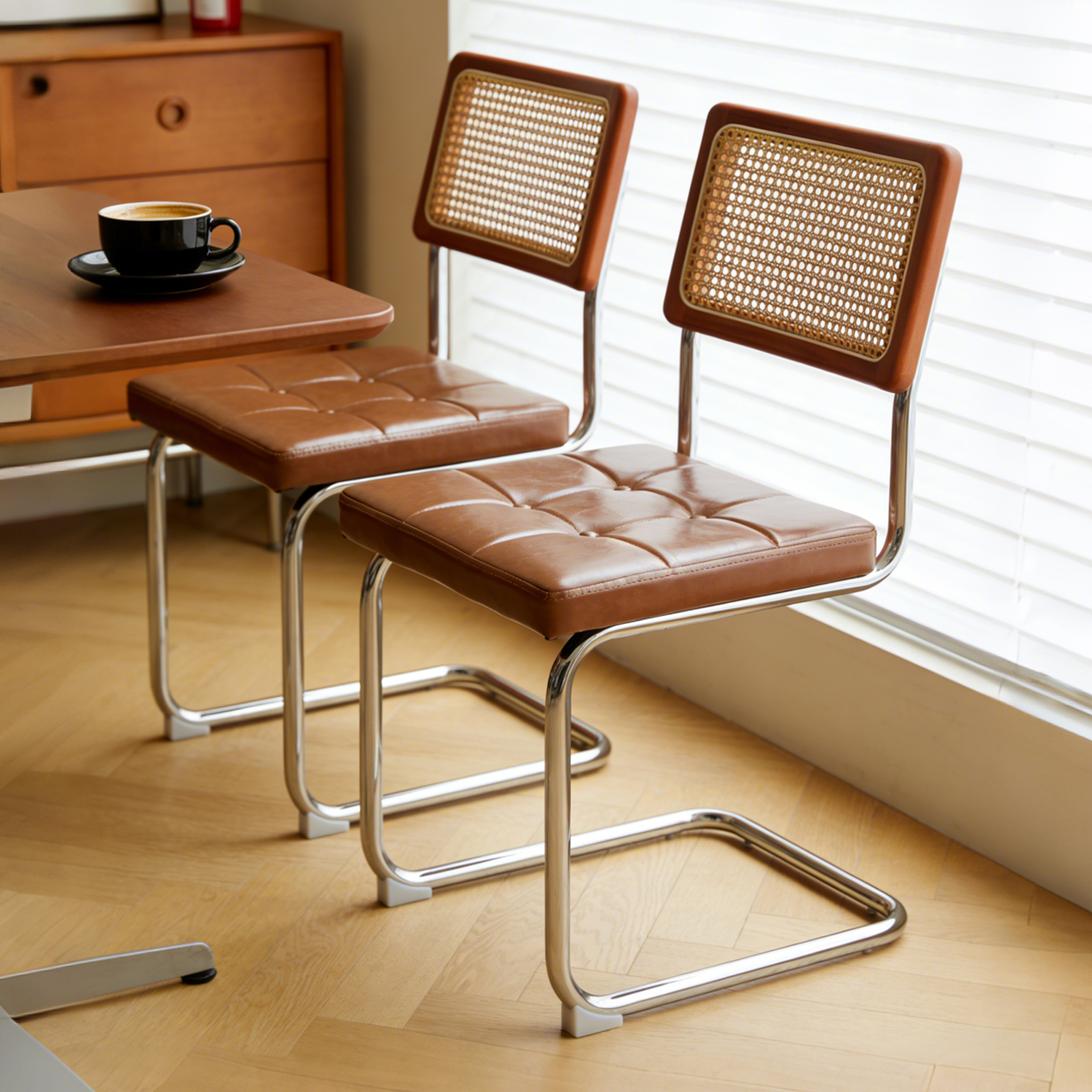 錦木-ヴィンテージ ダイニングチェア 籐張り メタル脚 クッション付き 北欧ミニマル リビングチェアダイニングチェア