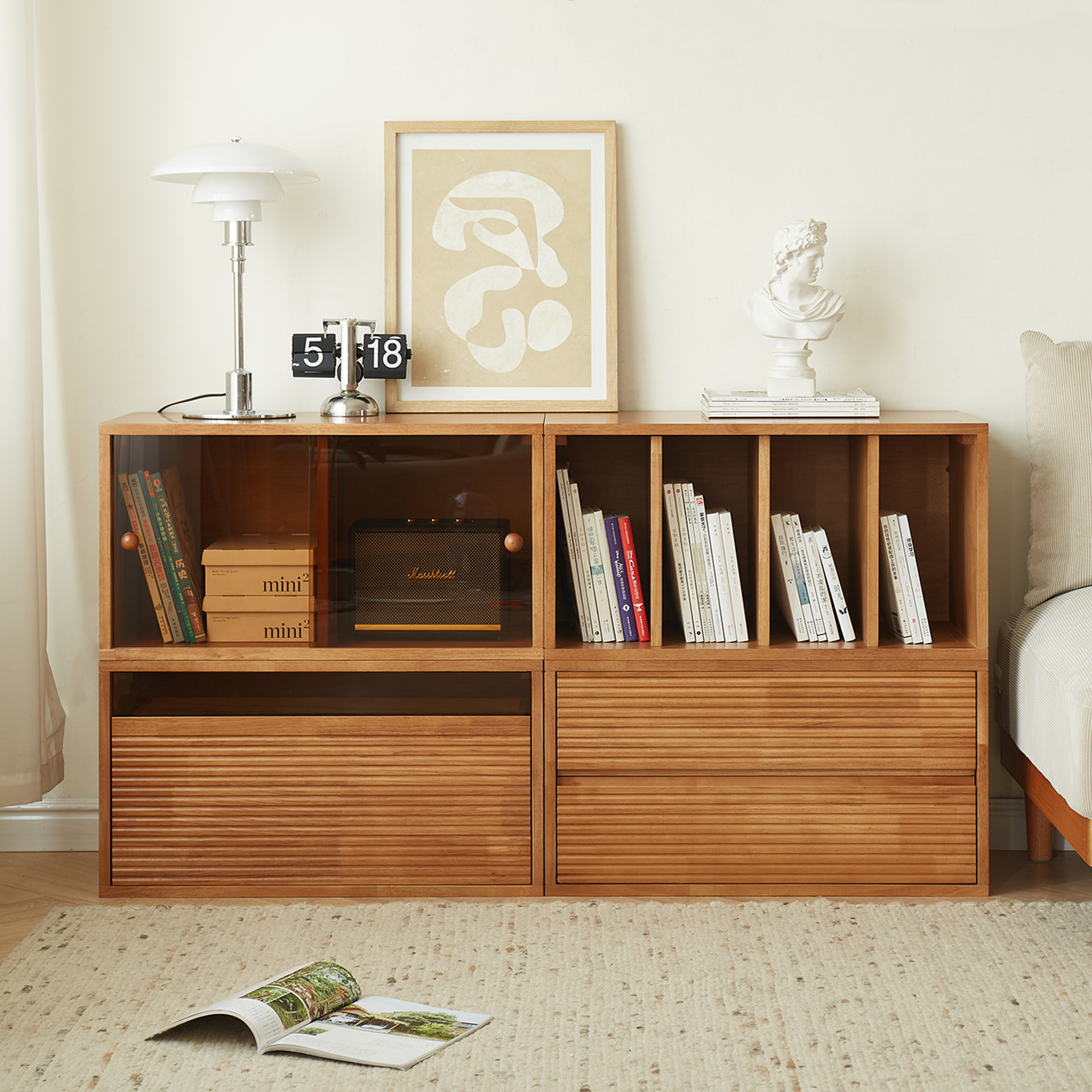 錦木-無垢材 フリーユニット収納棚 ローボード・チェスト兼用 リビング収納 間仕切り棚 モジュール式 キャビネット本棚