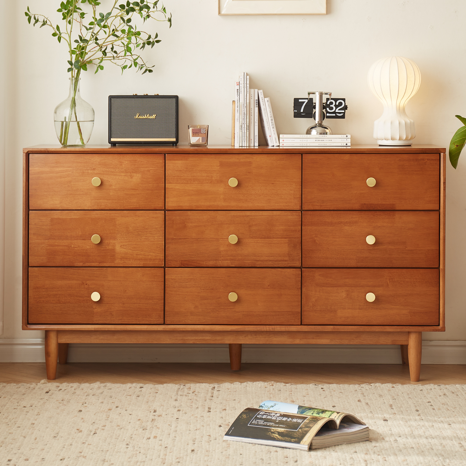 錦木-無垢材 チェスト 9 段 / 6 段 / 5 段 コンパクト収納 レトロ風 シンプルデザイン リビング収納棚チェスト