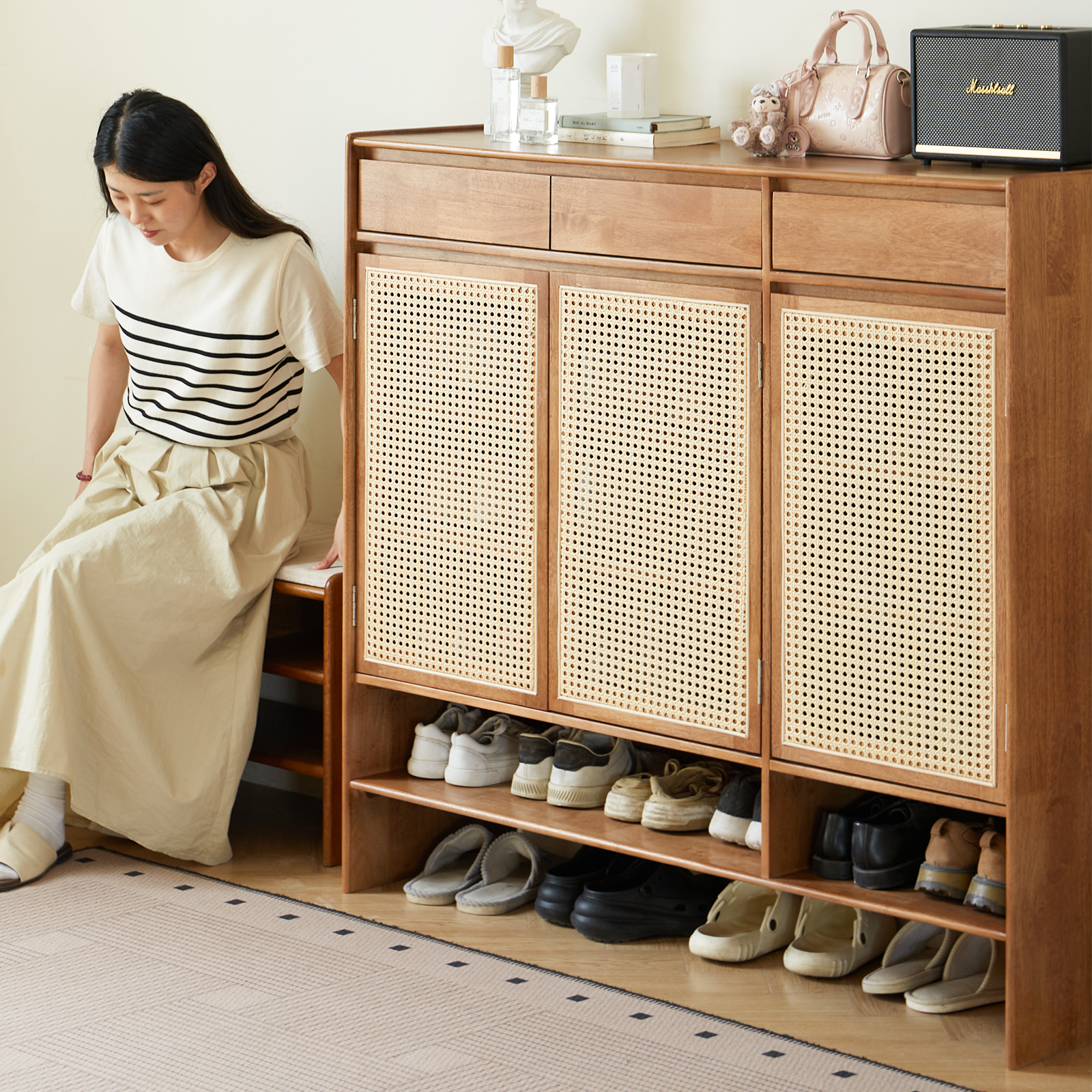 錦木-無垢材シューズボックス ラタン編み 玄関収納 多目的キャビネット 家庭用 シューズラック靴箱 / シューズボックス