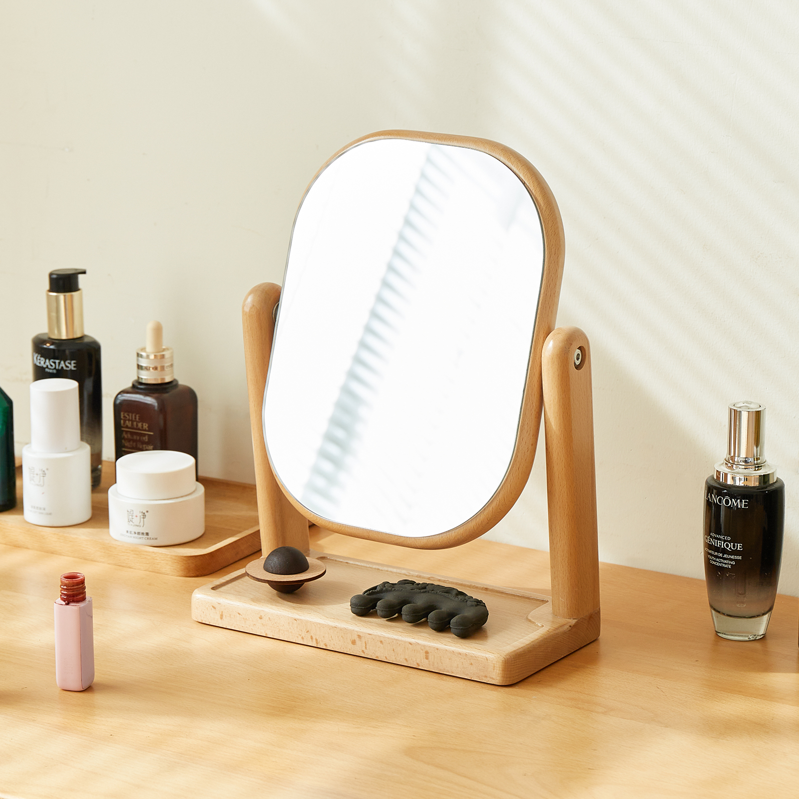 錦木-無垢材化粧鏡 卓上型 回転式 高反射 レトロシンプル ブナ材 寝室用 ドレッサーミラー化粧鏡