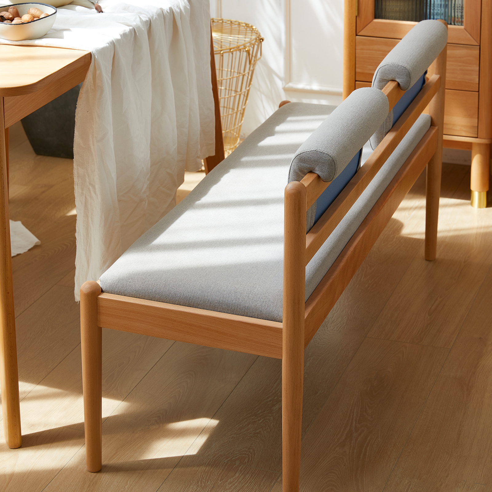 錦木-無垢材ロングベンチ 北欧風シンプル 布張り 2人掛け クッション付き 玄関ベンチ ベッドサイドベンイニングチェア