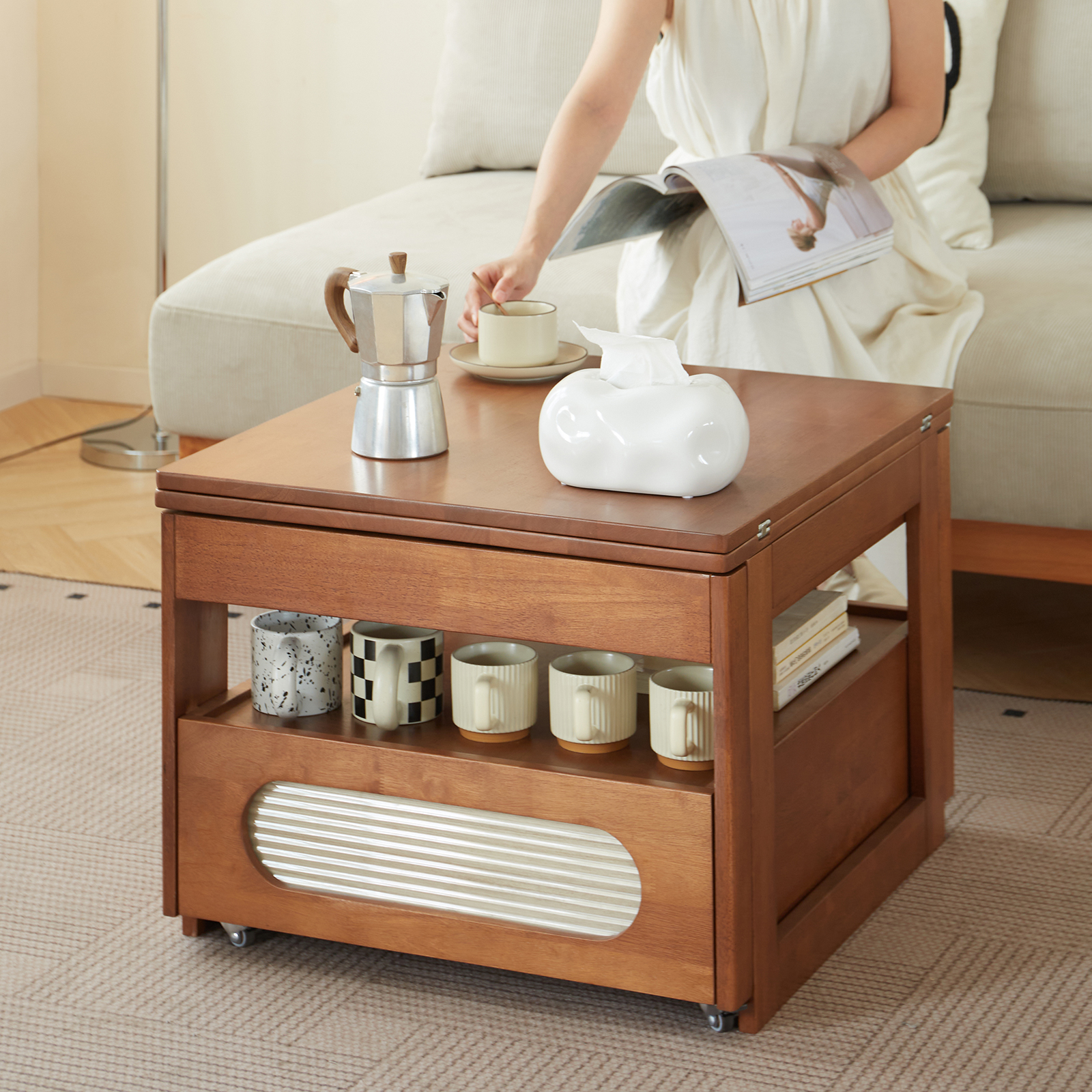 錦木-無垢材ローテーブル 昇降式 折りたたみ キャスター付き 多機能 小户型リビング向け モダンシンプル サイドテーブル兼用ローテーブル